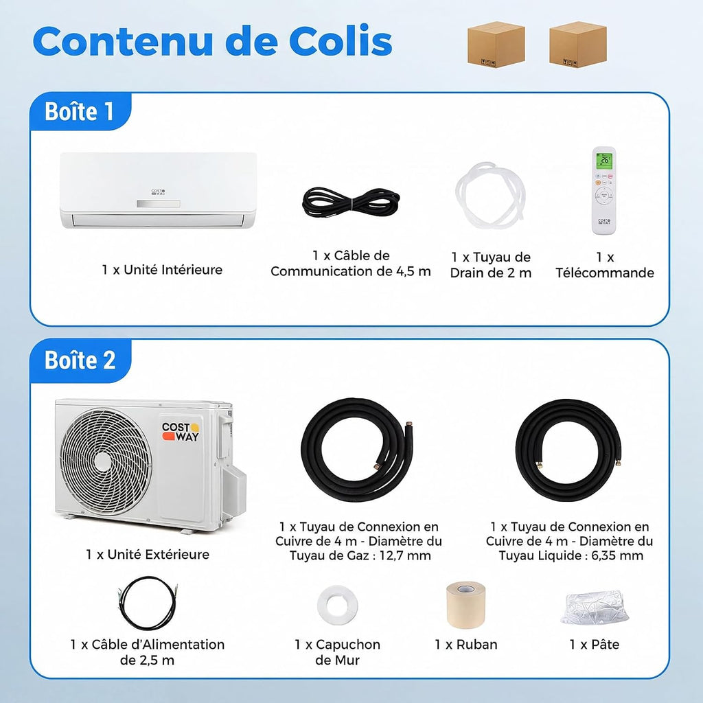  COSTWAY Climatiseur Reversible 18000 BTU 5,1 KW, Climatiseur Split R32, Chauffage, Refroidissement, Déshumidification, Clim Inverter Silencieux 19 DB, Auto-Nettoyage (18000 BTU|5,1 KW - Blanc Wifi)