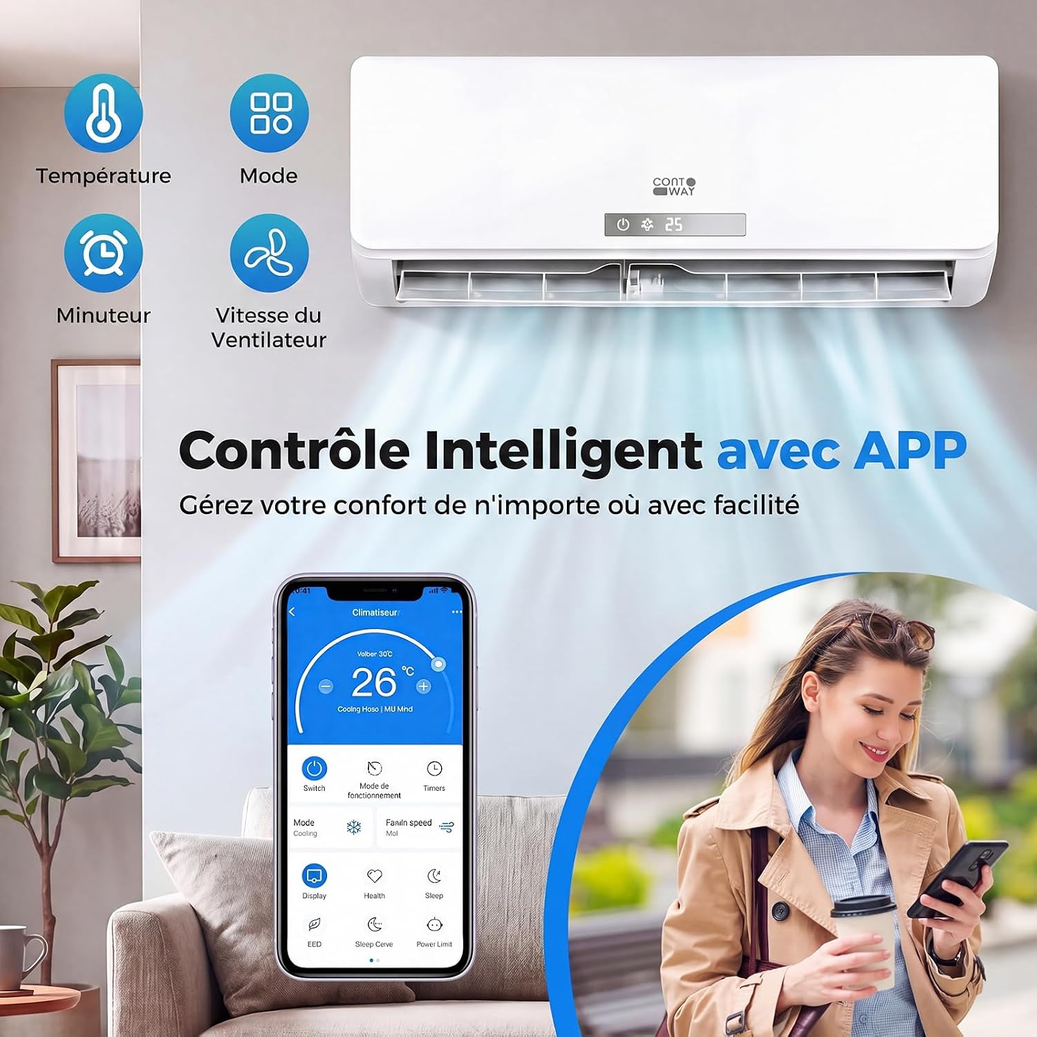  COSTWAY Climatiseur Reversible 18000 BTU 5,1 KW, Climatiseur Split R32, Chauffage, Refroidissement, Déshumidification, Clim Inverter Silencieux 19 DB, Auto-Nettoyage (18000 BTU|5,1 KW - Blanc Wifi)