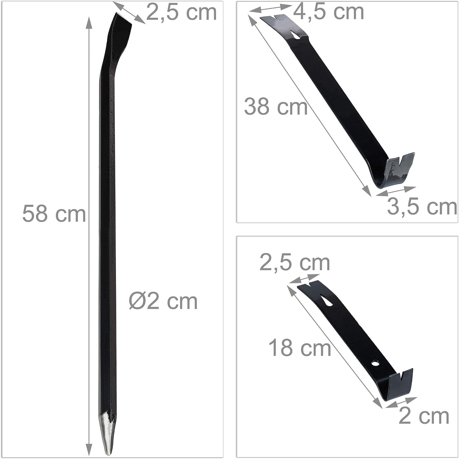  Relaxdays Pied-de-biche Lot De 5 Pièces, Levier Hexagonal, Grand Arrache-clou, En Acier, Noir