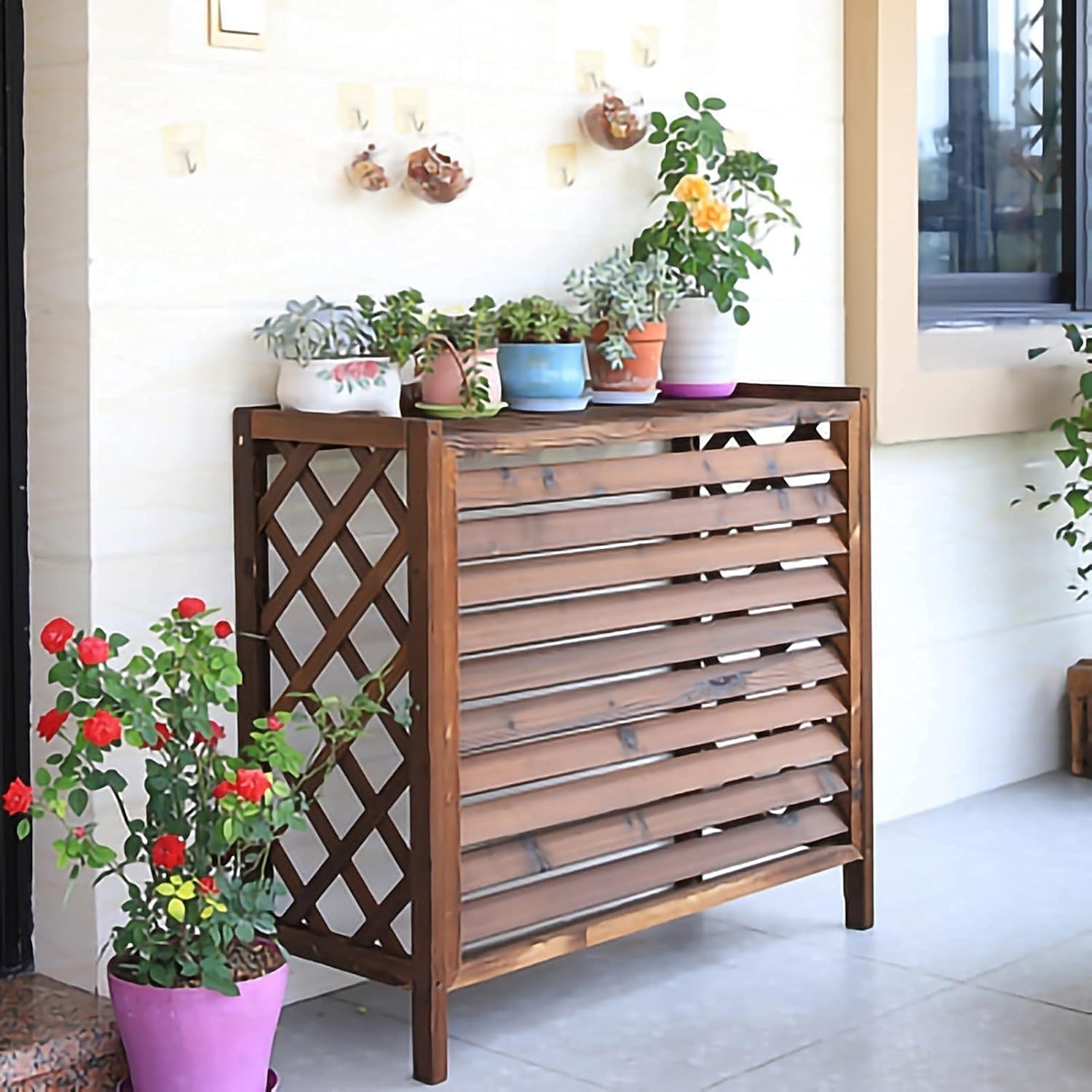  Housse Climatiseur Extérieur Couverture,Couvercle De Climatiseur En Bois Cadre De Support De Climatisation Extérieur Couvercle De Radiateur, Couvercle De Climatiseur Rustique Support De Plante En