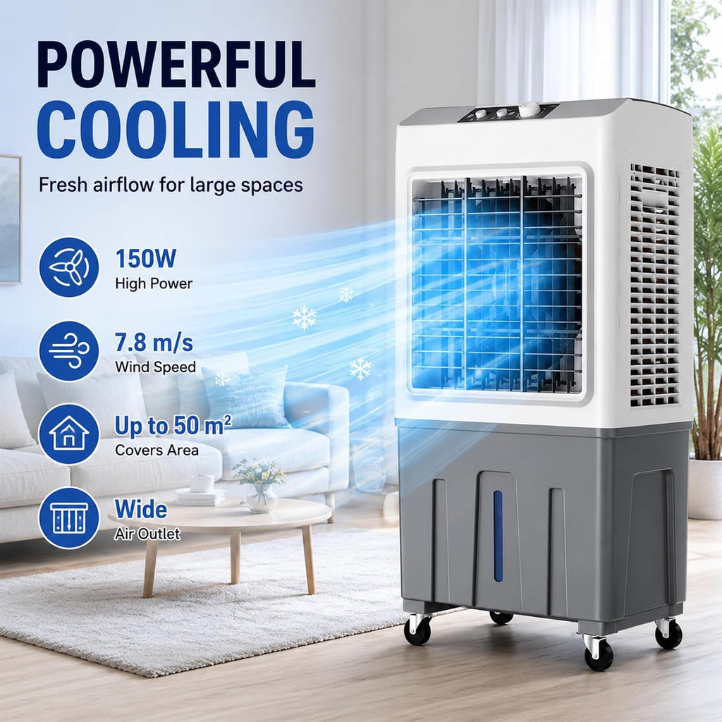  Rafraîchisseur D'Air Évaporatif Mobile Sans Tuyau D'Évacuation, Refroidisseur Silencieux 3 Vitesses, Refroidissement Jusqu'à 50m², Ventilateur Rafraîchissant Économique Pour Intérieur Ext 50*34*100cm