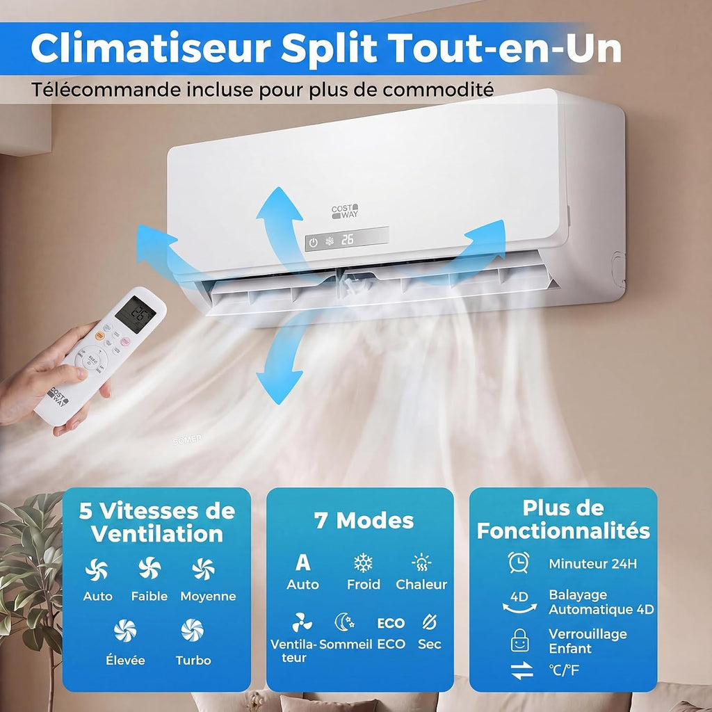  COSTWAY Climatiseur Reversible 18000 BTU 5,1 KW, Climatiseur Split R32, Chauffage, Refroidissement, Déshumidification, Clim Inverter Silencieux 19 DB, Auto-Nettoyage (18000 BTU|5,1 KW - Blanc Wifi)