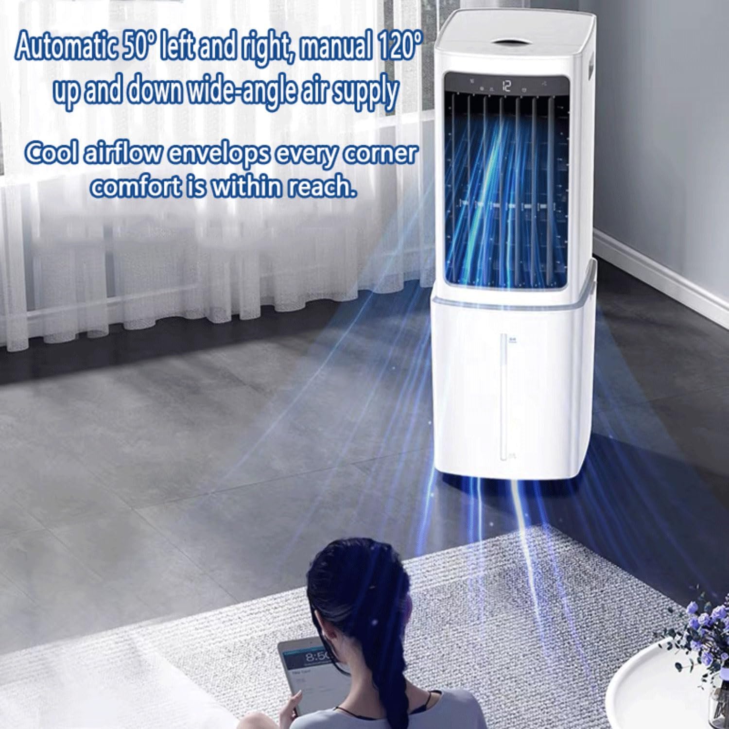  Refroidisseur à Évaporation Climatiseur Mobile Portable Avec Réservoir 12L 3 Vitesses Oscillation120º Roulettes Multidirectionnelles Ventilateur Refroidisseur D'air Pour Appartement & Atelier