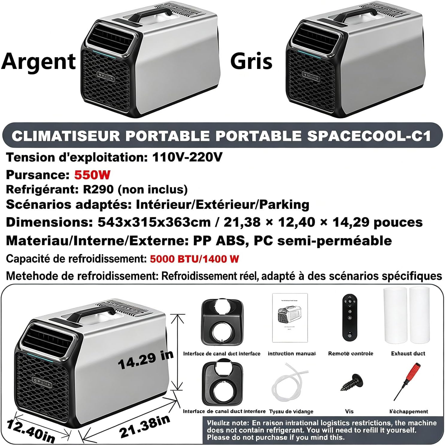  Climatiseur Portable Camping Car 5000 BTU, Climatiseur Pour Camping-Car Tente Camion Voiture, Refroidissement Rapide, Déshumidification, Climatiseur Mobile Silencieux 52 DB, Intérieur Extérieur Silver