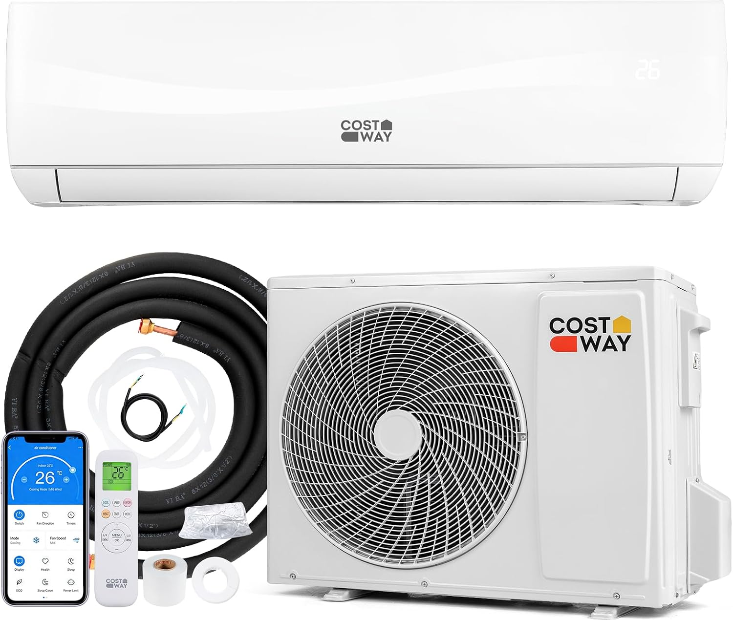  COSTWAY Climatiseur Reversible 18000 BTU 5,1 KW, Climatiseur Split R32, Chauffage, Refroidissement, Déshumidification, Clim Inverter Silencieux 19 DB, Auto-Nettoyage (18000 BTU|5,1 KW - Blanc Wifi)