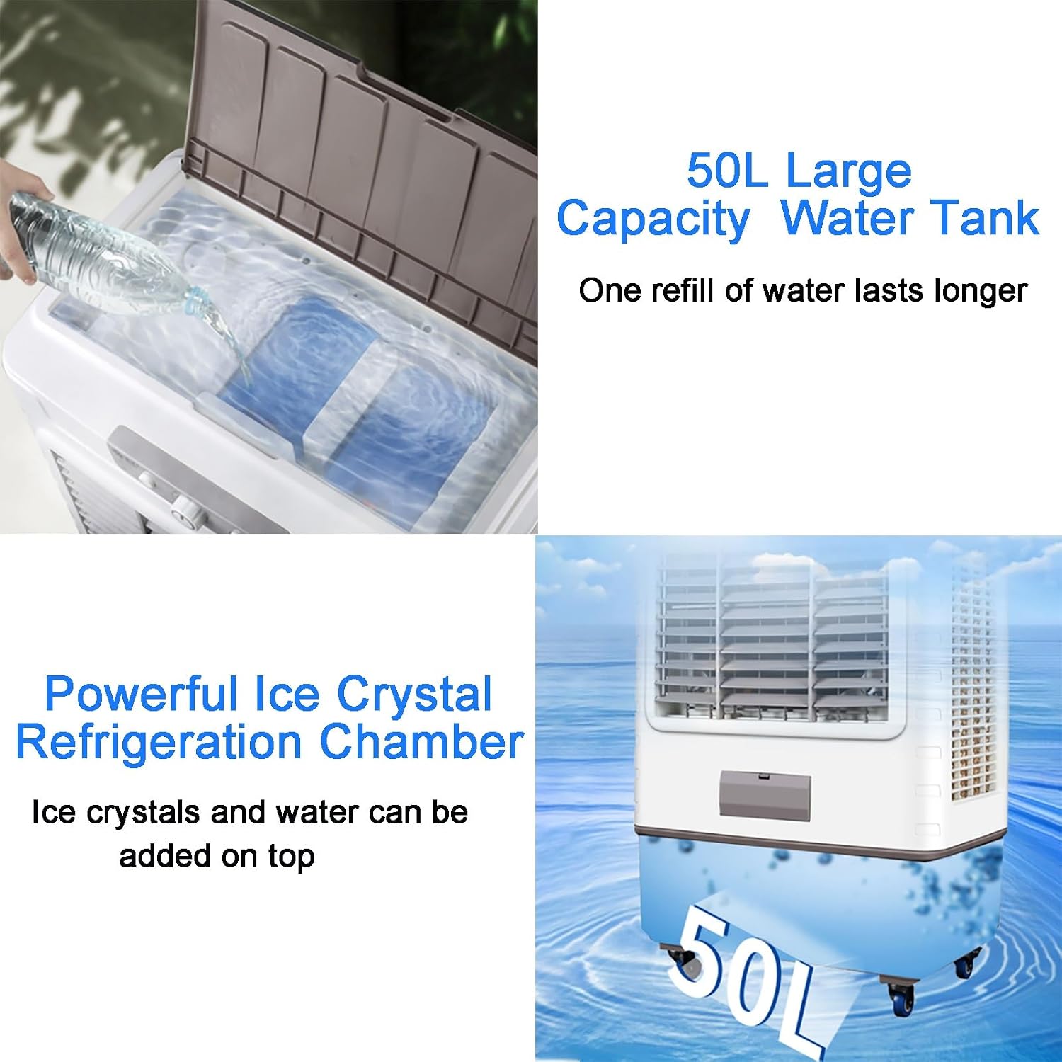 GENERIC Haut CFM Industriel évaporateur Refroidisseur 4500m3H Grand 50L Réservoir Mobile Climatiseur Ventilateur Avec Swing Réglable Et Cristaux De Glace Pour Le Refroidissement D'usine D'entrepôt