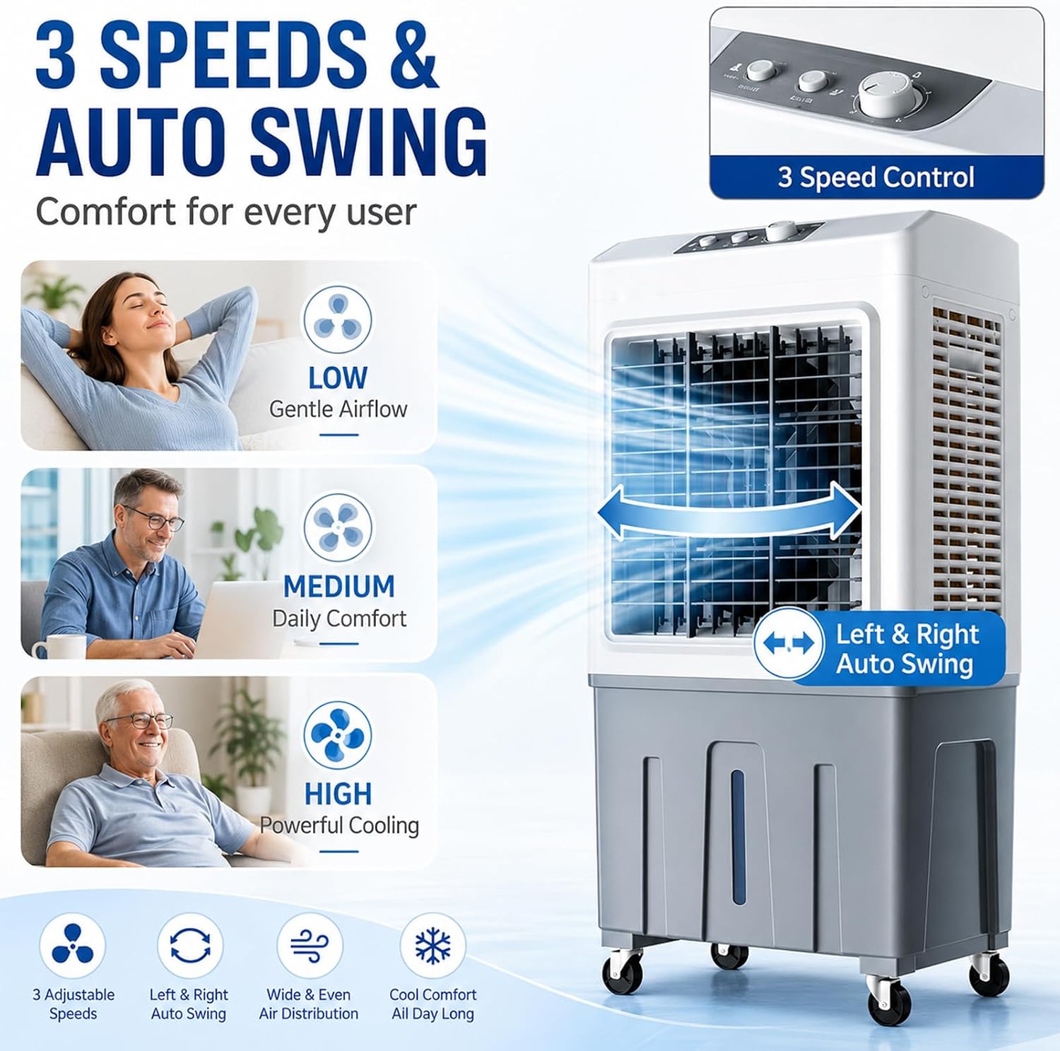  Rafraîchisseur D'Air Évaporatif Mobile Sans Tuyau D'Évacuation, Refroidisseur Silencieux 3 Vitesses, Refroidissement Jusqu'à 50m², Ventilateur Rafraîchissant Économique Pour Intérieur Ext 50*34*100cm