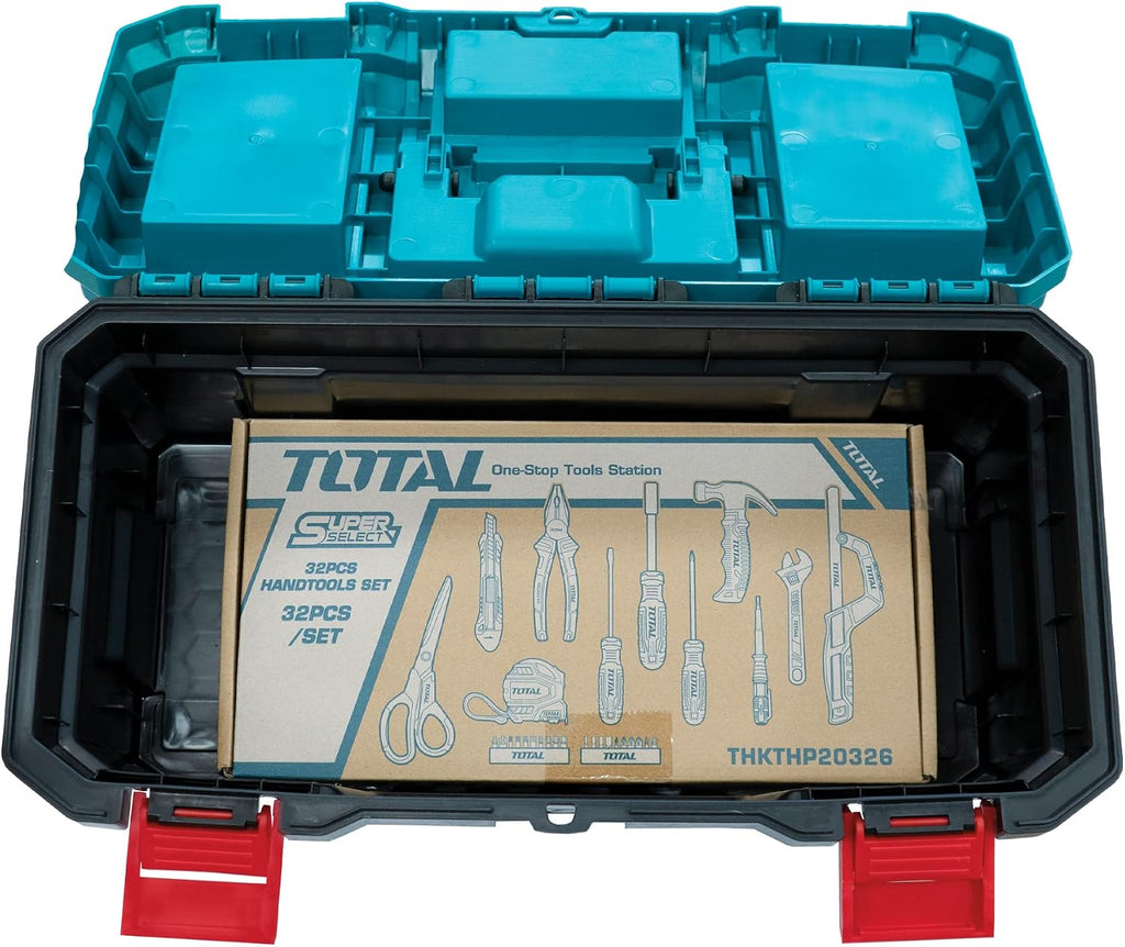  TOTAL - Boîte De 32 Outils 17" (43 Cm) | Pince, Clé, Tournevis Et Marteau Avec Tire-lave | Flexomètre, Embouts Et Arc De Scie | Testeur De Tension