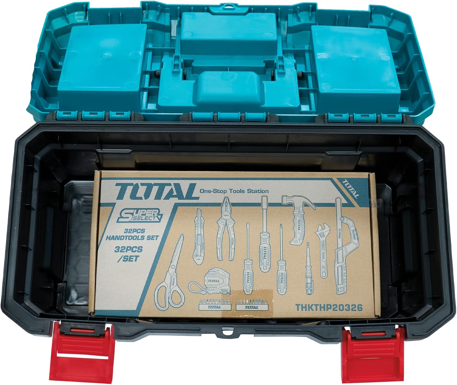  TOTAL - Boîte De 32 Outils 17" (43 Cm) | Pince, Clé, Tournevis Et Marteau Avec Tire-lave | Flexomètre, Embouts Et Arc De Scie | Testeur De Tension