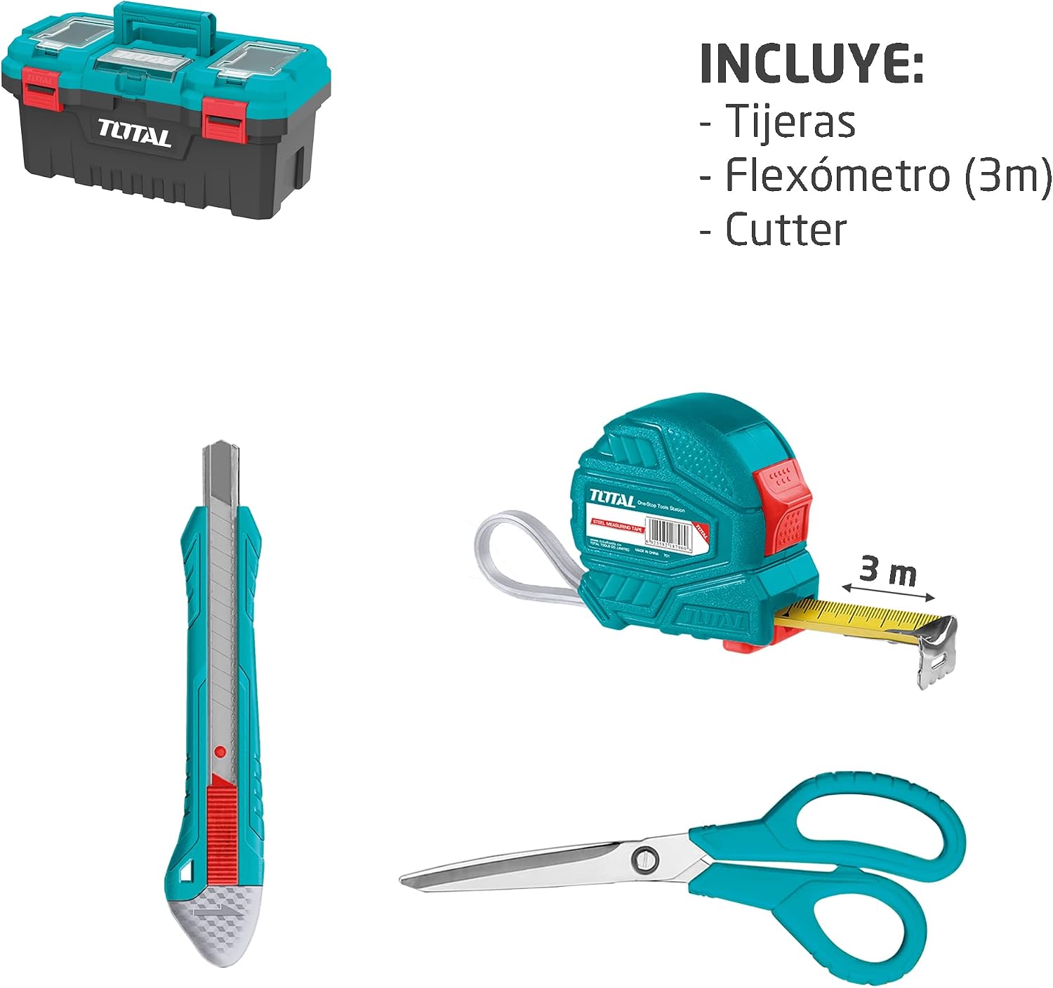  TOTAL - Boîte De 32 Outils 17" (43 Cm) | Pince, Clé, Tournevis Et Marteau Avec Tire-lave | Flexomètre, Embouts Et Arc De Scie | Testeur De Tension