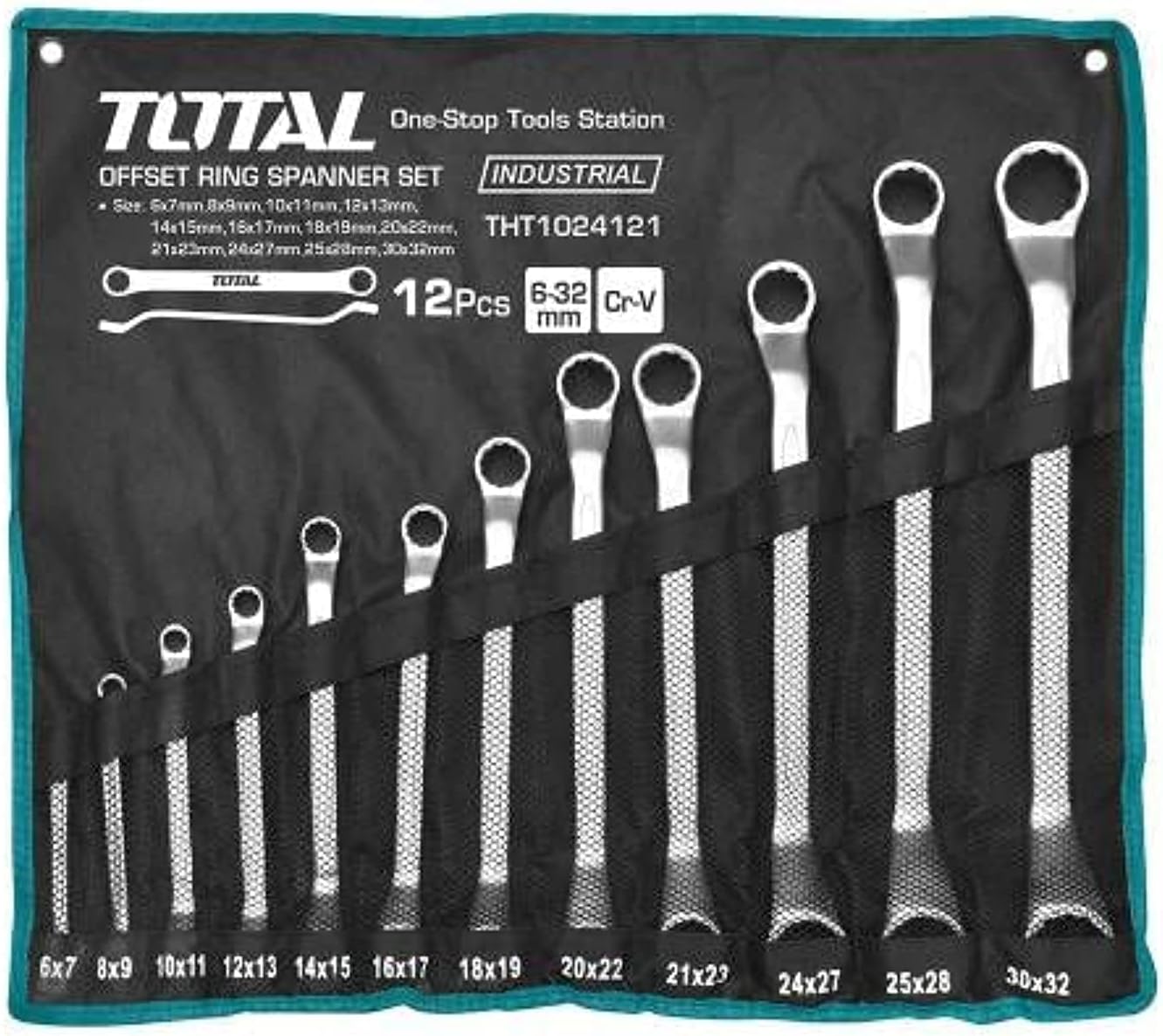  Total Tools - Sac Avec 12 Clés Fixes Décalées | Clés Doubles | Mesures De 6 à 32 Mm | Pour Serrer Ou Desserrer Les écrous Et Les Vis à Tête Hexagonale | Fabriqué En Chrome Vanadium