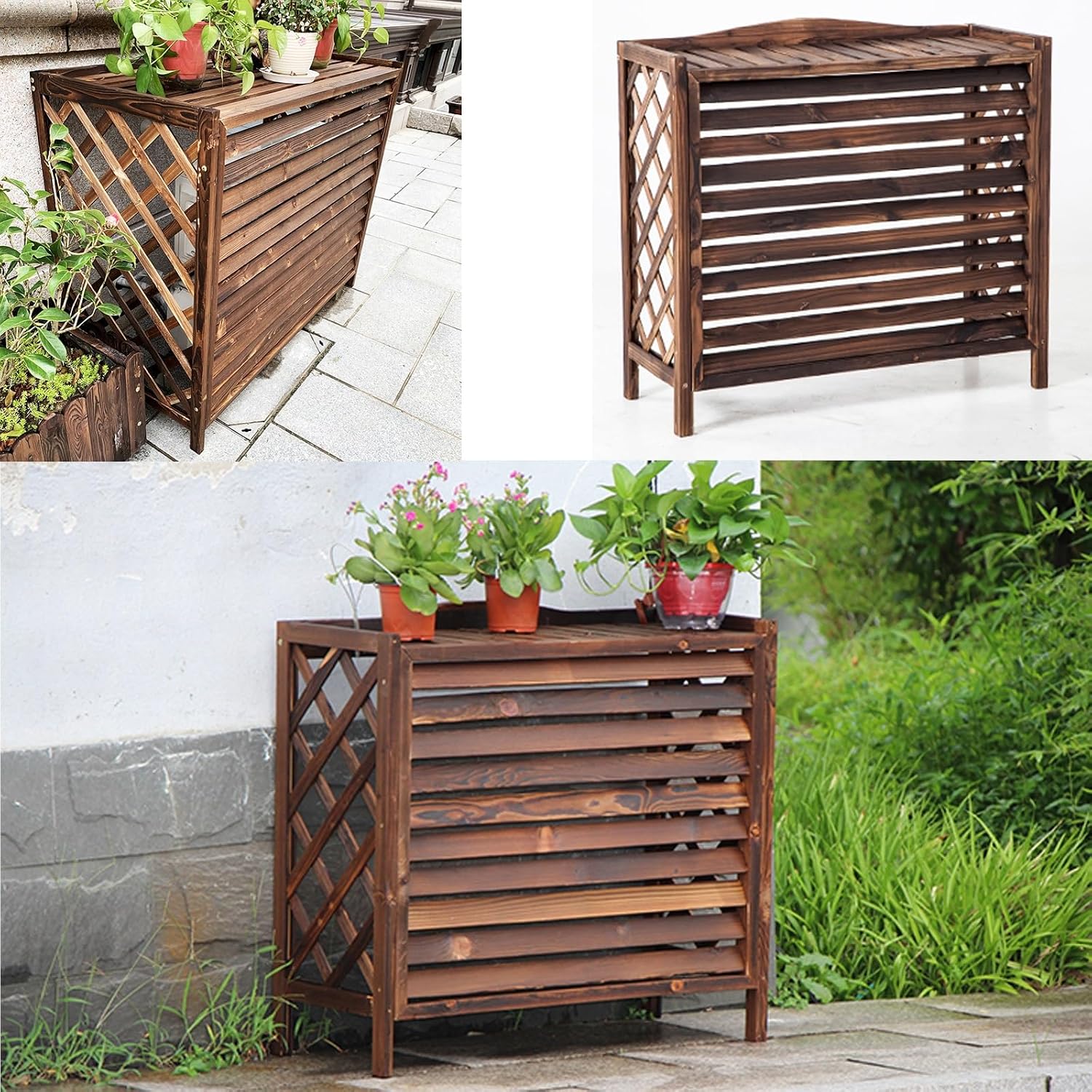 GENERIC Housses De Climatiseur Décoratives En Bois Avec Couvercle Supérieur, Support De Plantes Blanches Pour Une Décoration Extérieure Améliorée