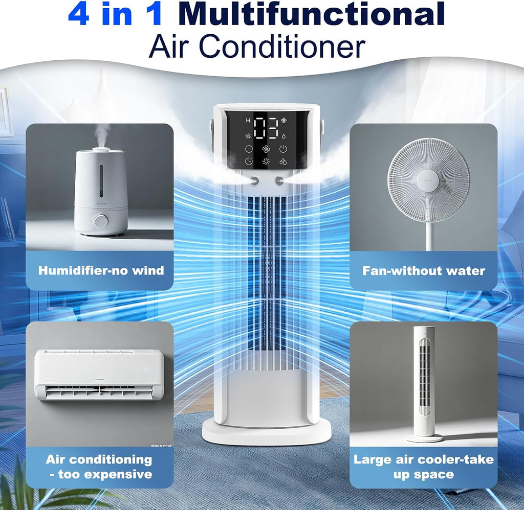  Climatiseur Mobile Silencieux 4 En 1 Ventilateur Rafraichisseur D'air Avec 4 Vitesses De Ventilation, 2 Modes De Pulvérisation, Oscillation à 90° Et Minuterie Pour Chambre Cuisine Bureau, Blanc