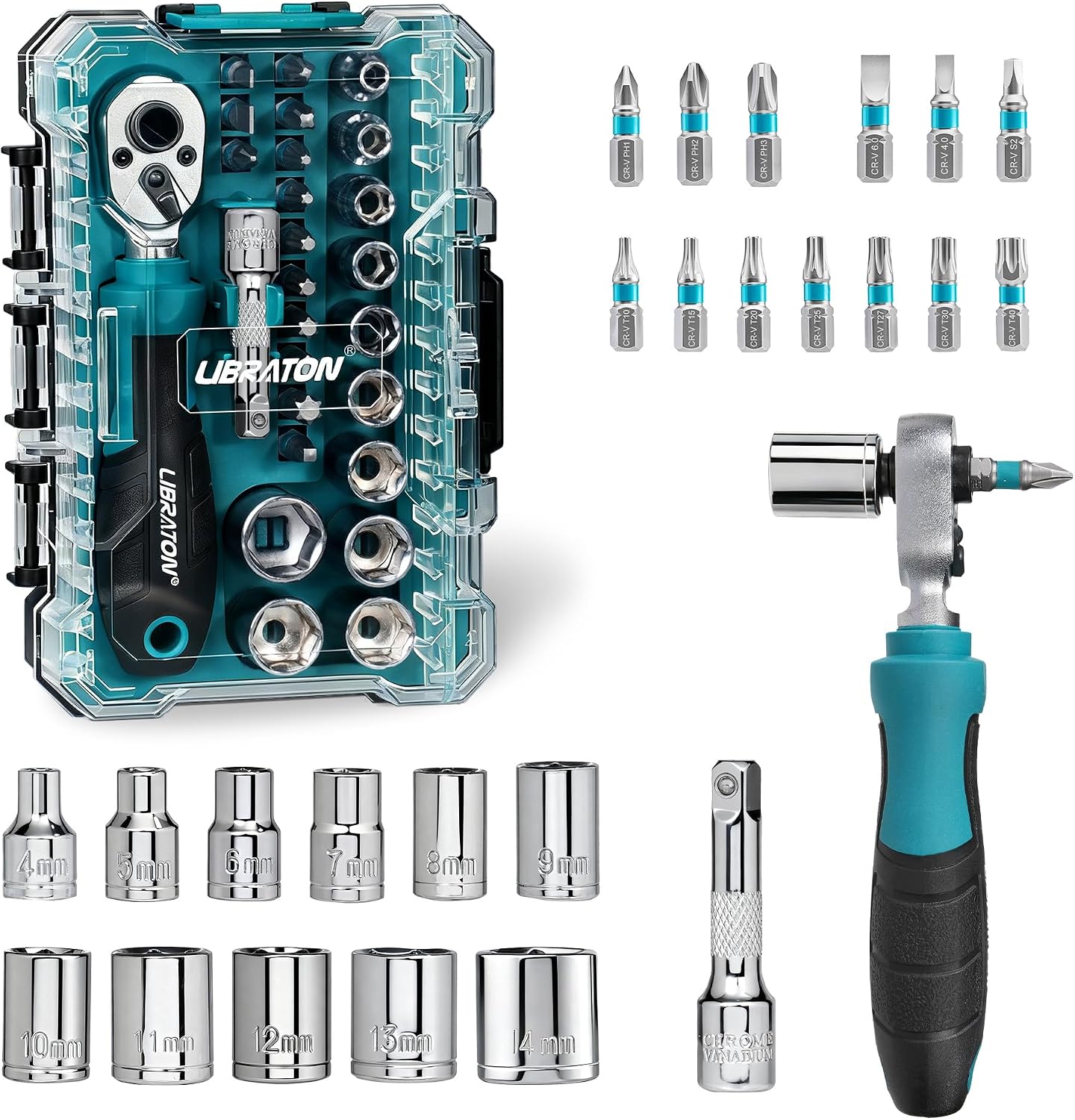  LIBRATON Ensemble De Cliquet Et De Douilles Mini 37 Pièces Avec Entraînement De 10,2 Mm, Embouts De 4–13 Mm, Manche Magnétique, Barres D’extension Et Joint Universel, Avec étui De Rangement Pour