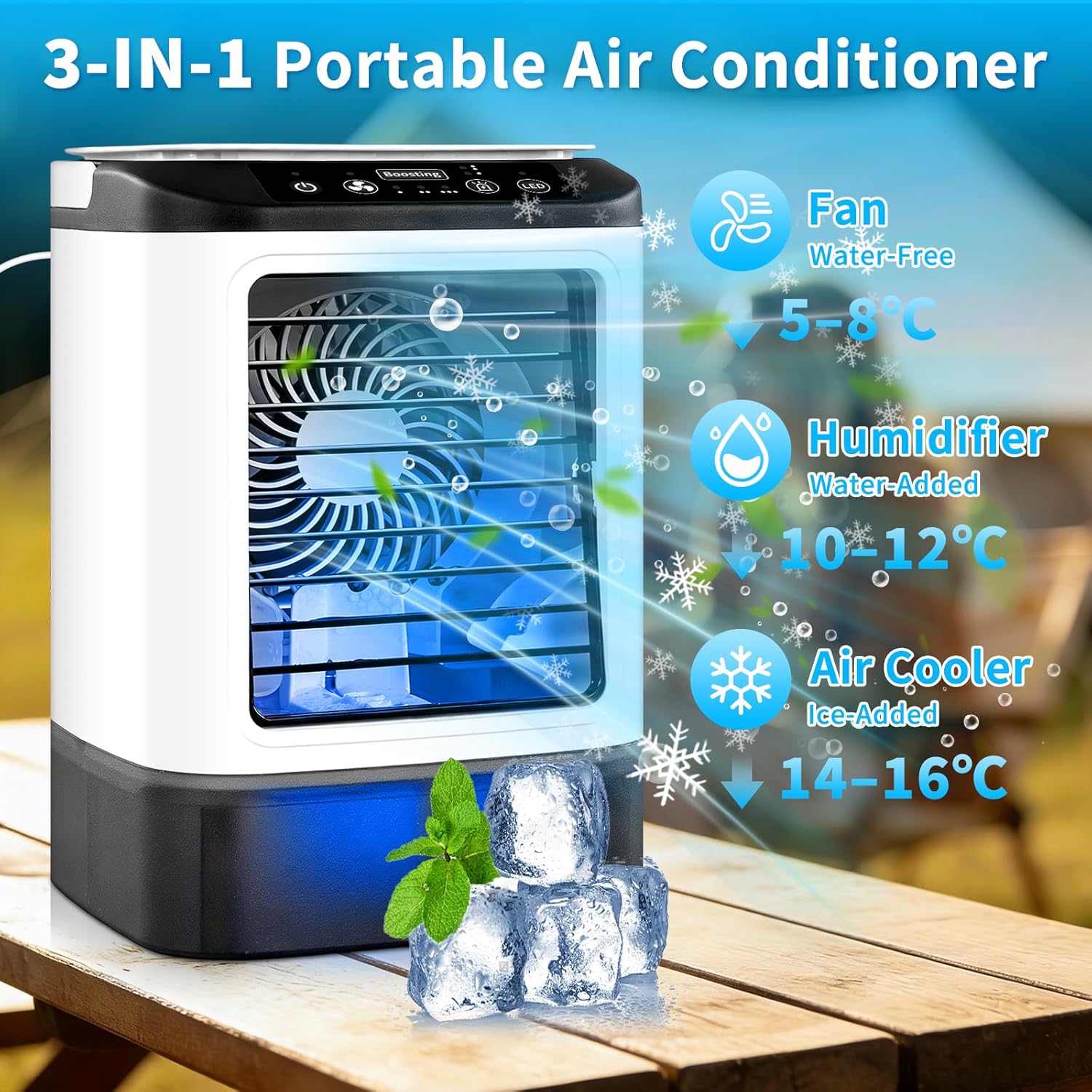  Climatiseur Portable 2026 – Mini Rafraîchisseur D’Air & Humidificateur 4 Vitesses Avec Bac à Glaçons, Réservoir 900 Ml, 2 Modes Brume, LED – Ventilateur Mobile Pour Bureau, Camping Et Maison