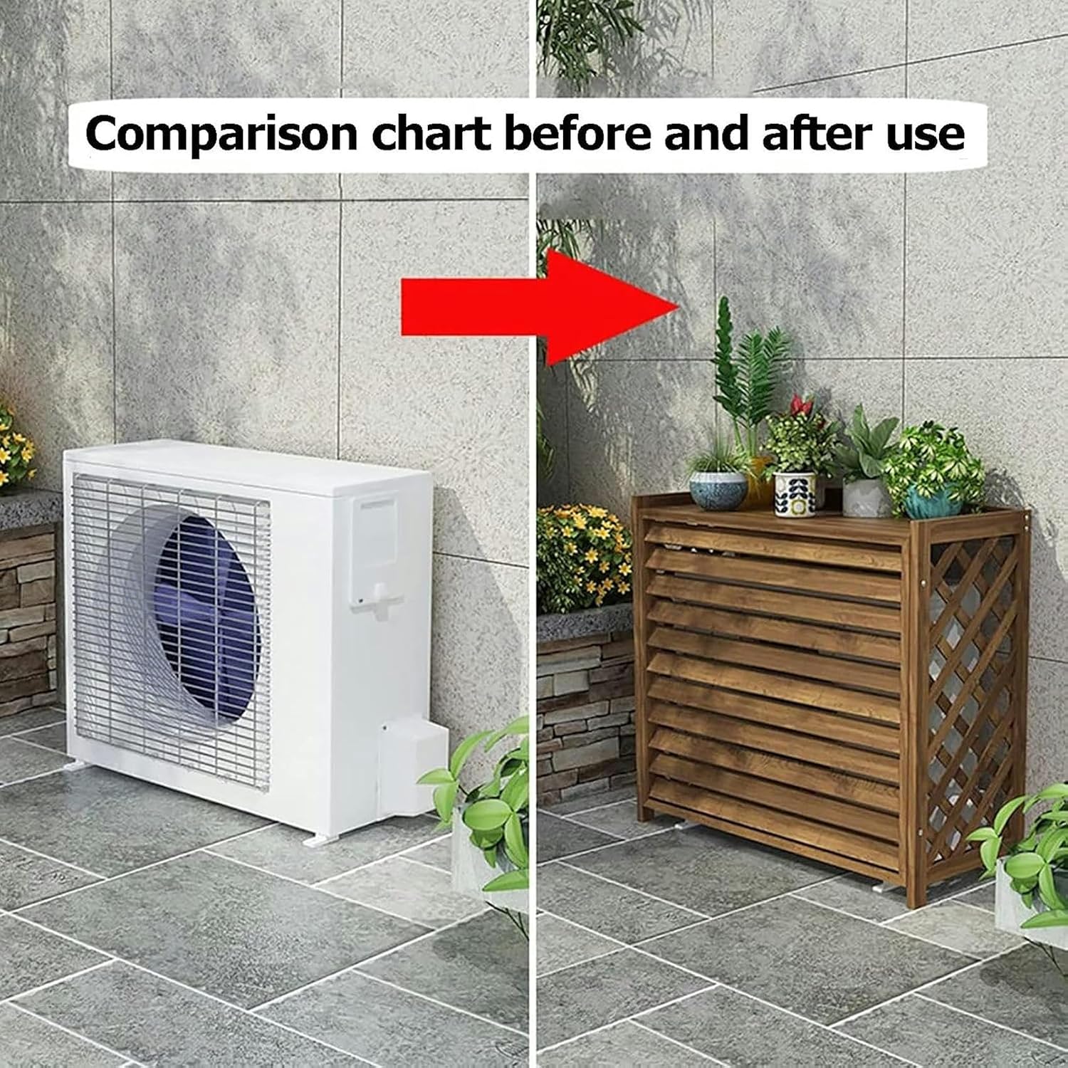GENERIC Housse De Climatiseur D'extérieur En Bois Avec Persiennes - Séparateur D'espace Et Clôture Autonome - Support élégant En Bois Massif Pour Fleurs - Cachez L'unité AC De Manière Décorative