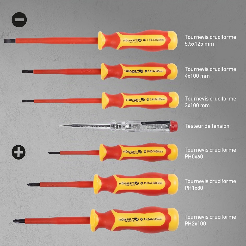  HÖGERT TECHNIK Lot De 12 Outils électriciens Isolés 1000 V Tournevis Manuel, Tournevis Plat Et Cruciforme, Pinces, Test De Tension, Coffret En Plastique