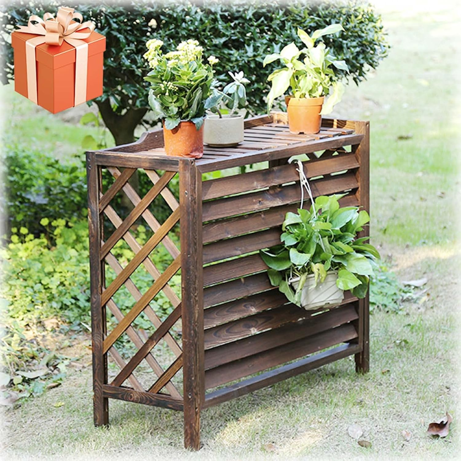  Couverture Pour Climatiseur Extérieur, étagère à Fleurs Protection à Persiennes, Support Pour Plantes Climatisation Intérieure Bois Massif, Support à Fleurs, Cadre Climatisation Bois Massif, écran