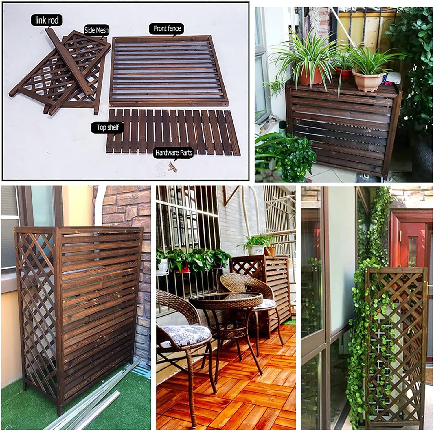  Housse De Protection Pour Climatiseur Extérieur En Bois Massif Pour Unités De Climatisation, écran Décoratif En Bois Et Support De Fleurs Résistant Aux Intempéries Pour Unité De Climatisation