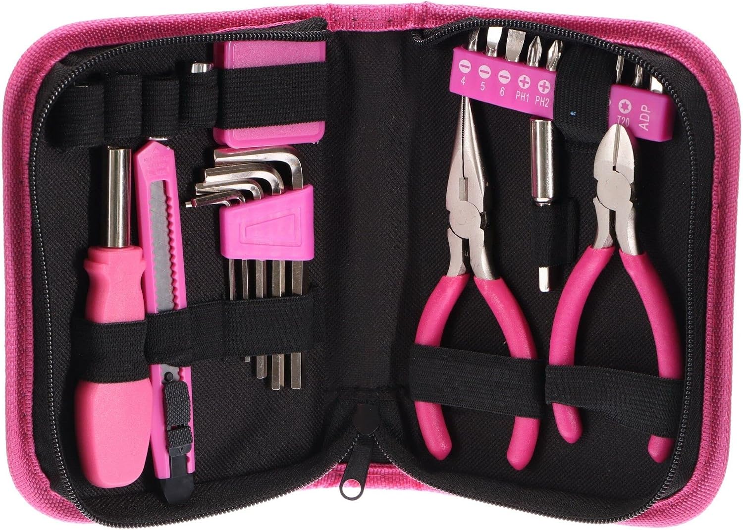  HOME PINK 26 | Kit D’outils 26 Pièces | Étui Textile Rose à Fermeture éclair | Réparations Domestiques