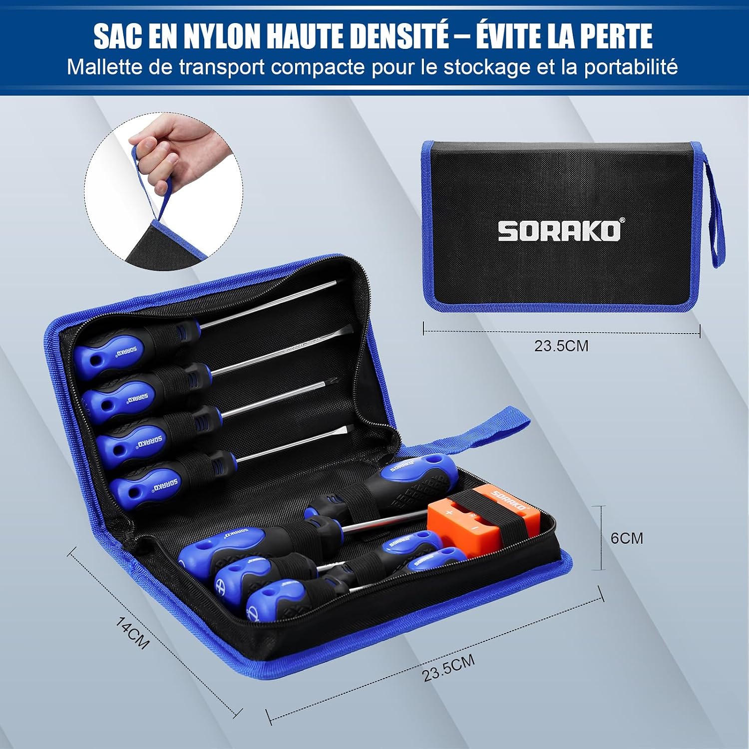  SORAKO Coffret Tournevis 11 Pièces, Avec Démagnétisation 2 En 1, Sac En Nylon Haute Densité, Pointe Magnétique, Poignée Antidérapante Professionnelle, Avec 5 Embouts Plats, 5 Cruciformes