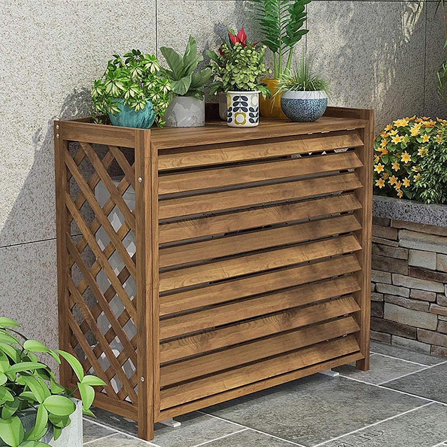 GENERIC Housse De Protection En Bois Pour Climatiseur Et Radiateur - Design élégant En Treillis - Support Pour Plantes En Bois Massif Et écran D'intimité Pour Climatiseurs Extérieurs