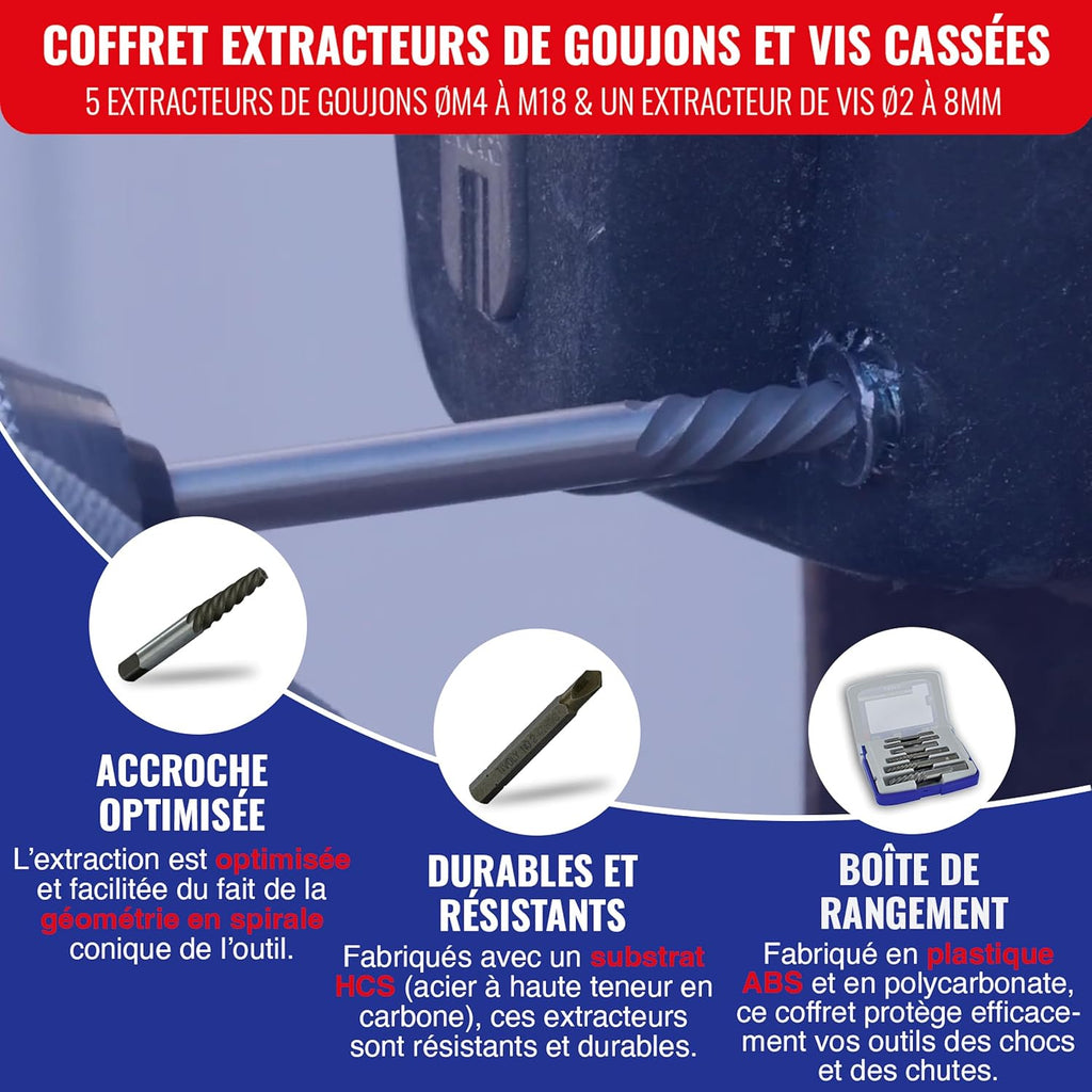  TIVOLY - Kit Extracteurs De Vis Cassée - 5 Extracteurs HCS : N1-N2-N3-N4-N5 + 1 X-Out N2 - Pour Extraction De Vis Et Goujons M4 à M18