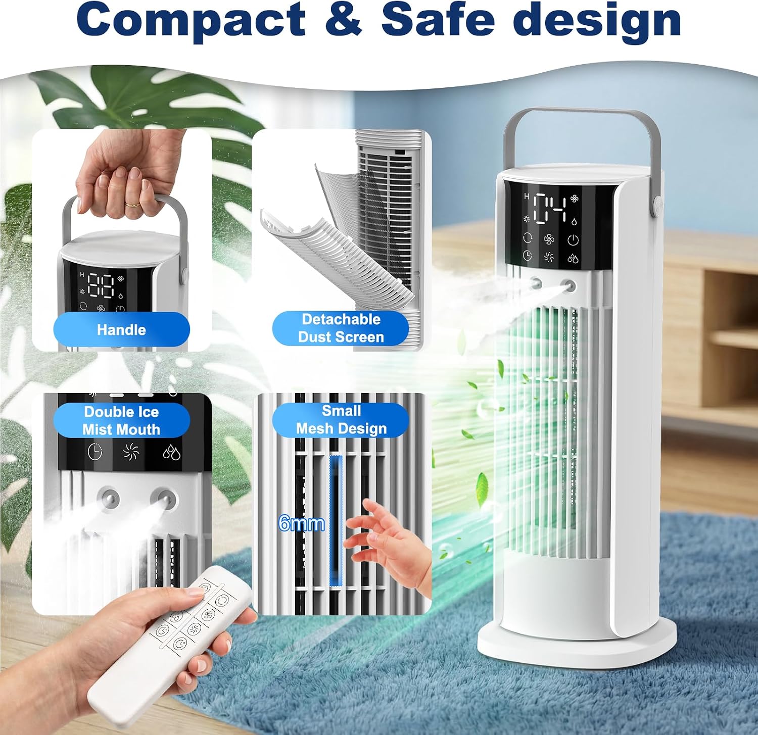  Climatiseur Mobile Silencieux 4 En 1 Ventilateur Rafraichisseur D'air Avec 4 Vitesses De Ventilation, 2 Modes De Pulvérisation, Oscillation à 90° Et Minuterie Pour Chambre Cuisine Bureau, Blanc