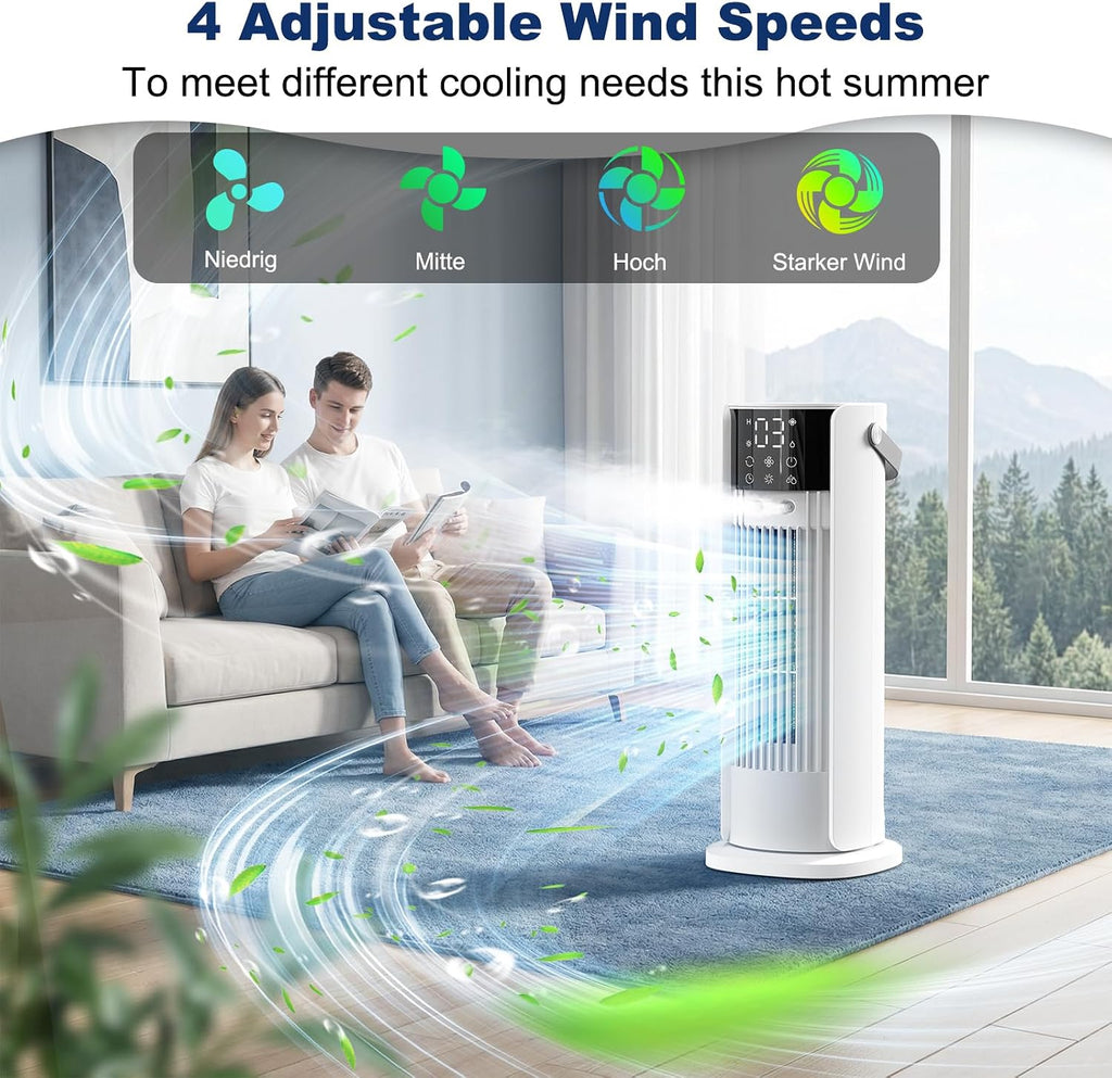  Climatiseur Mobile Silencieux 4 En 1 Ventilateur Rafraichisseur D'air Avec 4 Vitesses De Ventilation, 2 Modes De Pulvérisation, Oscillation à 90° Et Minuterie Pour Chambre Cuisine Bureau, Blanc