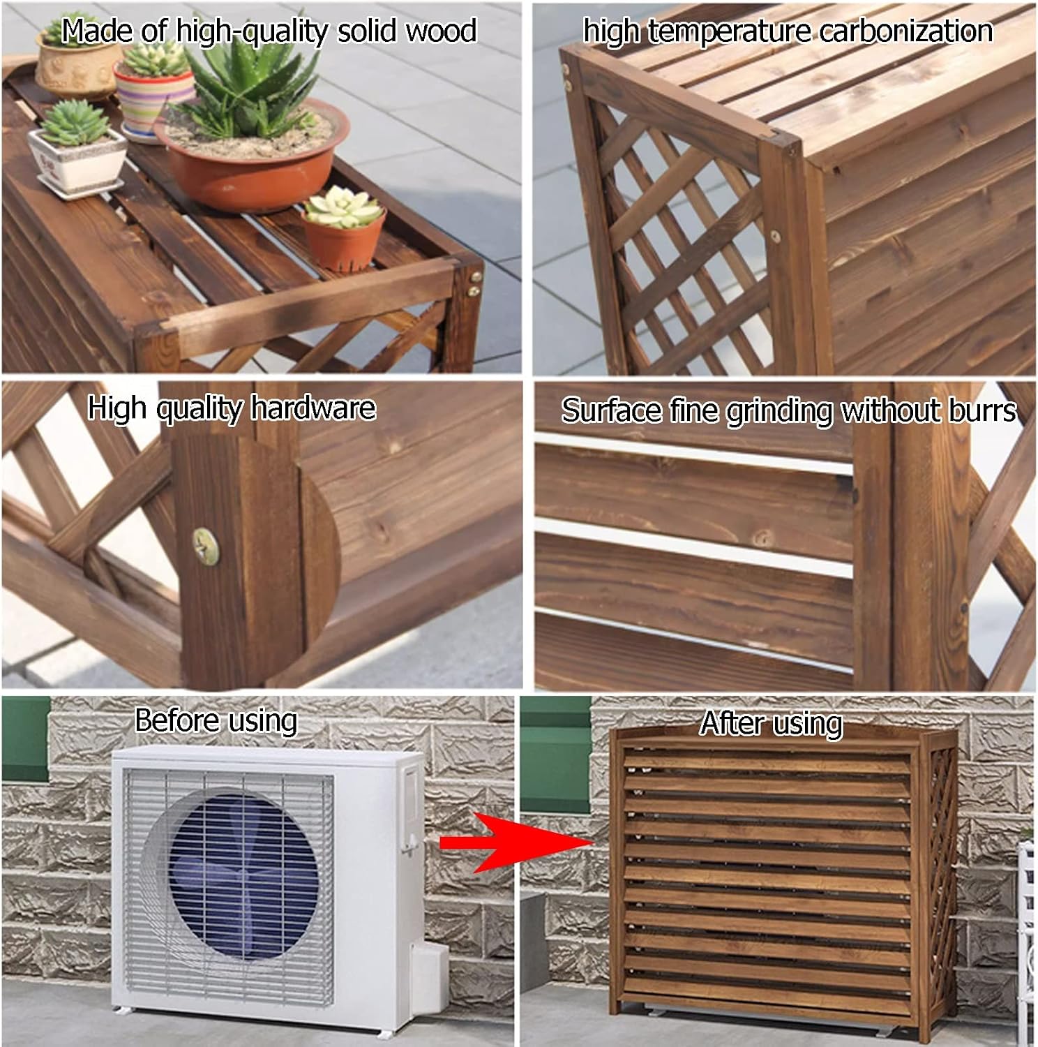  Housse De Protection Pour Climatiseur Extérieur En Bois Massif Pour Unités De Climatisation, écran Décoratif En Bois Et Support De Fleurs Résistant Aux Intempéries Pour Unité De Climatisation