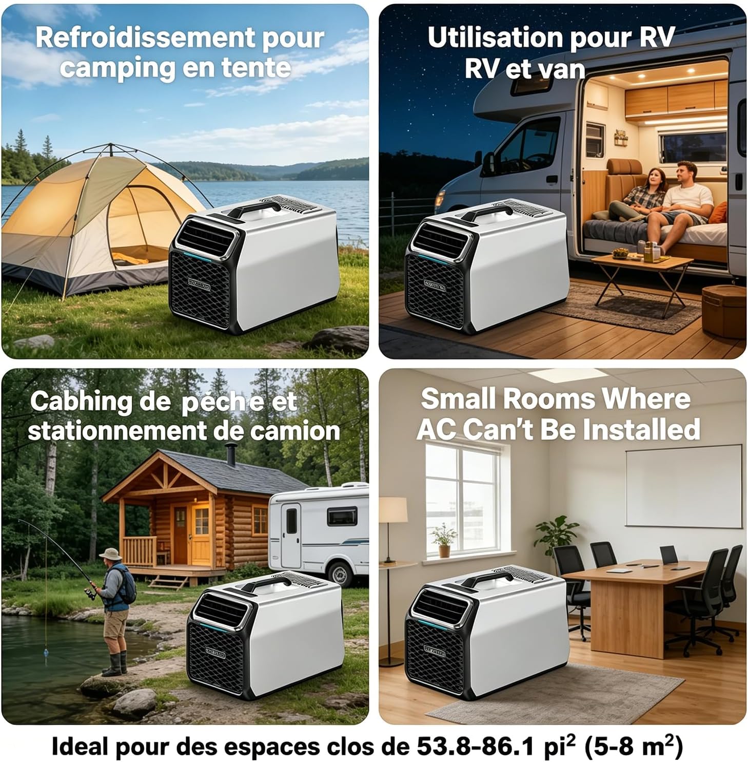  Climatiseur Portable Camping Car 5000 BTU, Climatiseur Pour Camping-Car Tente Camion Voiture, Refroidissement Rapide, Déshumidification, Climatiseur Mobile Silencieux 52 DB, Intérieur Extérieur Silver