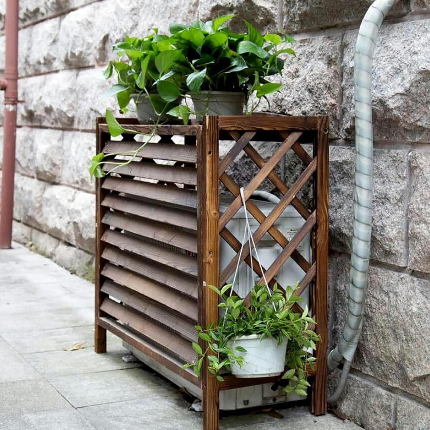 GENERIC Housse De Climatiseur D'extérieur En Bois Avec Persiennes - Séparateur D'espace Et Clôture Autonome - Support élégant En Bois Massif Pour Fleurs - Cachez L'unité AC De Manière Décorative