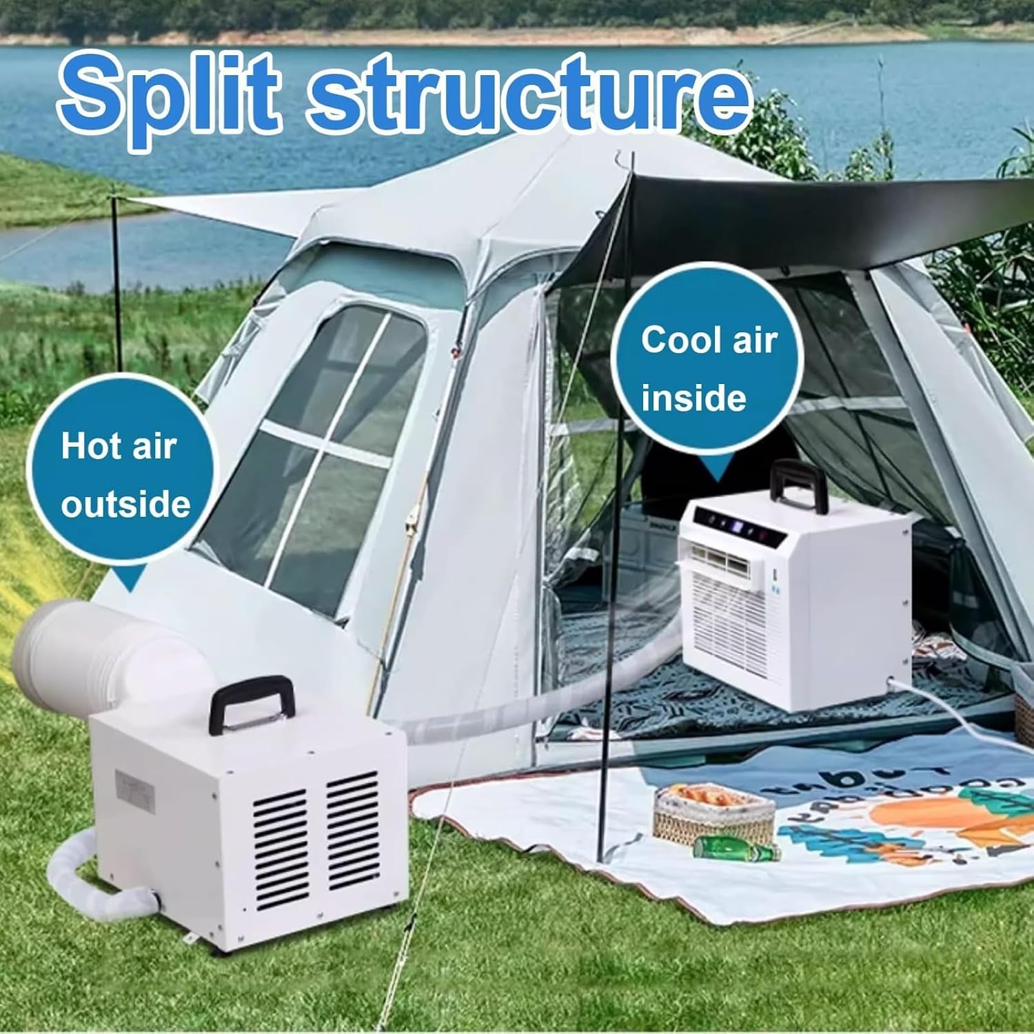 GENERIC Climatiseur Portable Split 3000 Btu, Unité AC Portable 4-en-1 Avec Télécommande, Minuterie 12H, Débit D'air 130M³/h, Sans Installation Requise Pour Tente, Camping-car, Maison Et Bureau 1 Meter Pipe