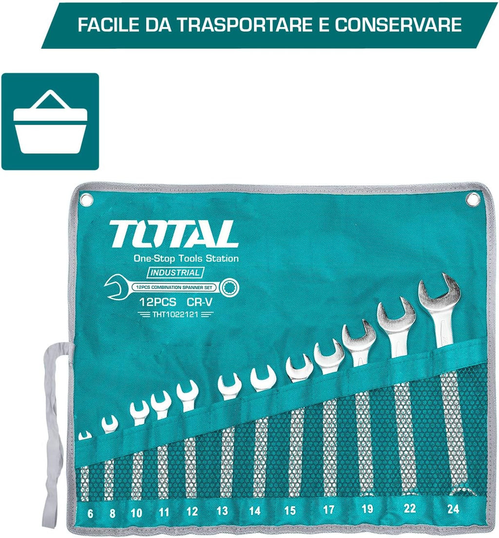  Total Tools - Sac Avec 12 Clés Mixtes | Mesures De 6 à 24 Mm | Clé Fixe Et Clé Coudée | Pour Serrer Ou Desserrer Les écrous Et Les Vis à Tête Hexagonale | Fabriqué En Chrome Vanadium