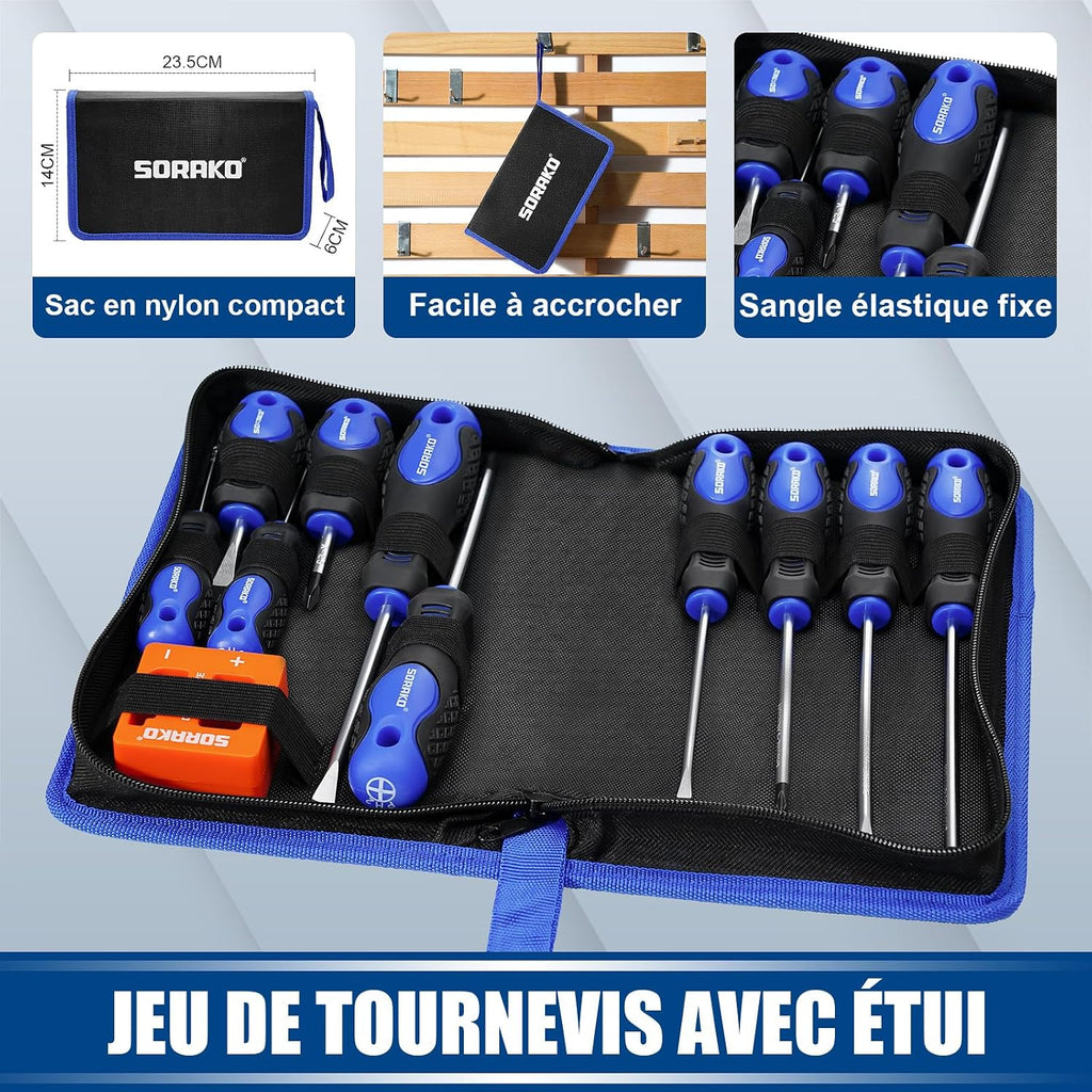  SORAKO Coffret Tournevis 11 Pièces, Avec Démagnétisation 2 En 1, Sac En Nylon Haute Densité, Pointe Magnétique, Poignée Antidérapante Professionnelle, Avec 5 Embouts Plats, 5 Cruciformes