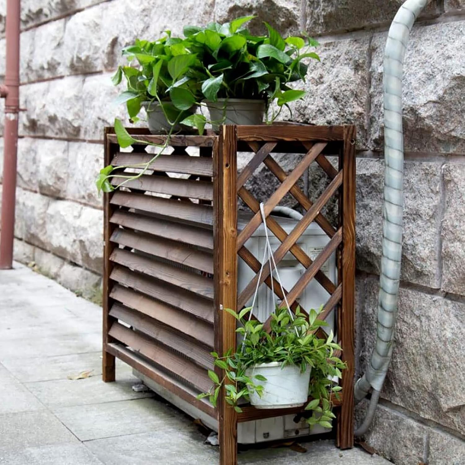  Housse De Protection Pour Climatiseur Extérieur En Bois Massif Pour Unités De Climatisation, écran Décoratif En Bois Et Support De Fleurs Résistant Aux Intempéries Pour Unité De Climatisation