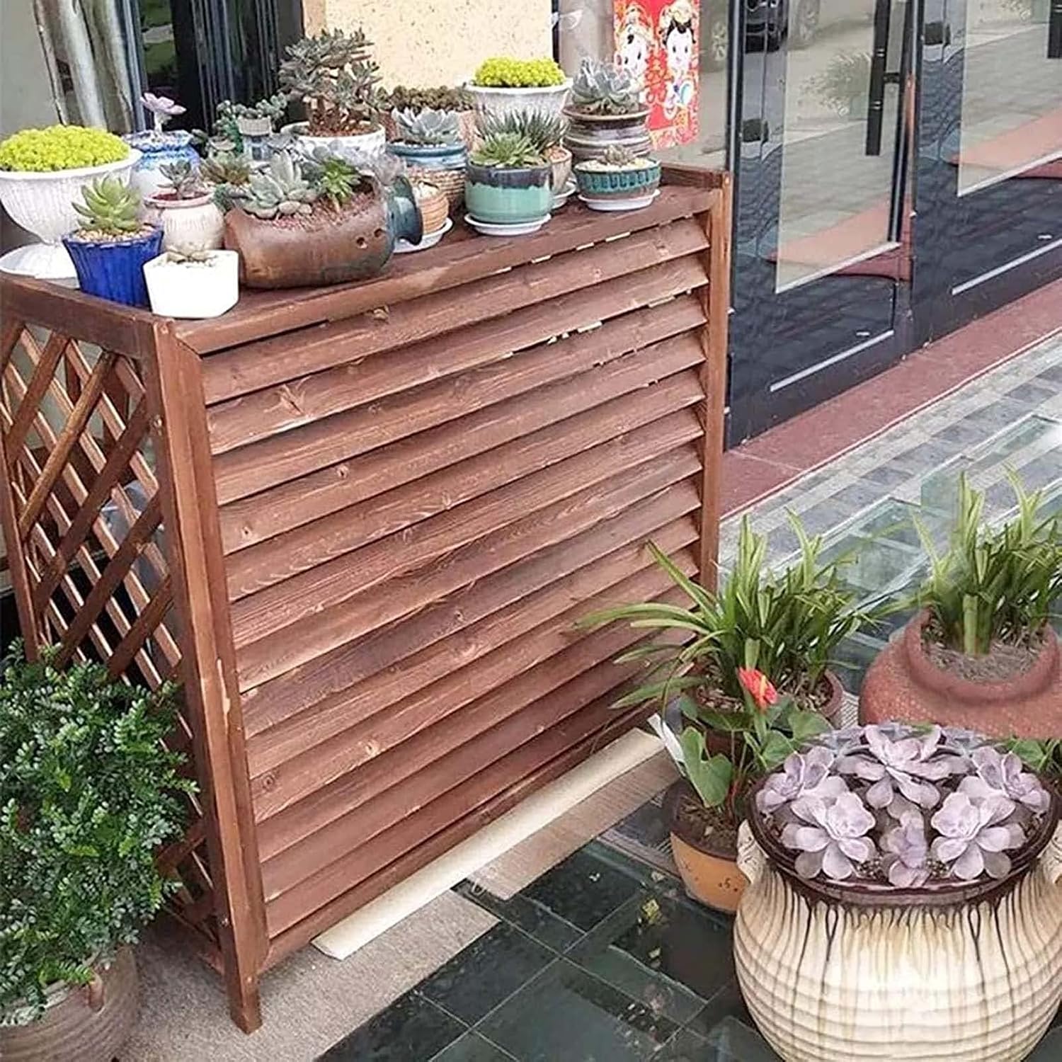 GENERIC Housse De Climatiseur En Bois Massif Avec Pot De Fleurs - Protection Anti-corrosion - Marron - Élégant Et Design