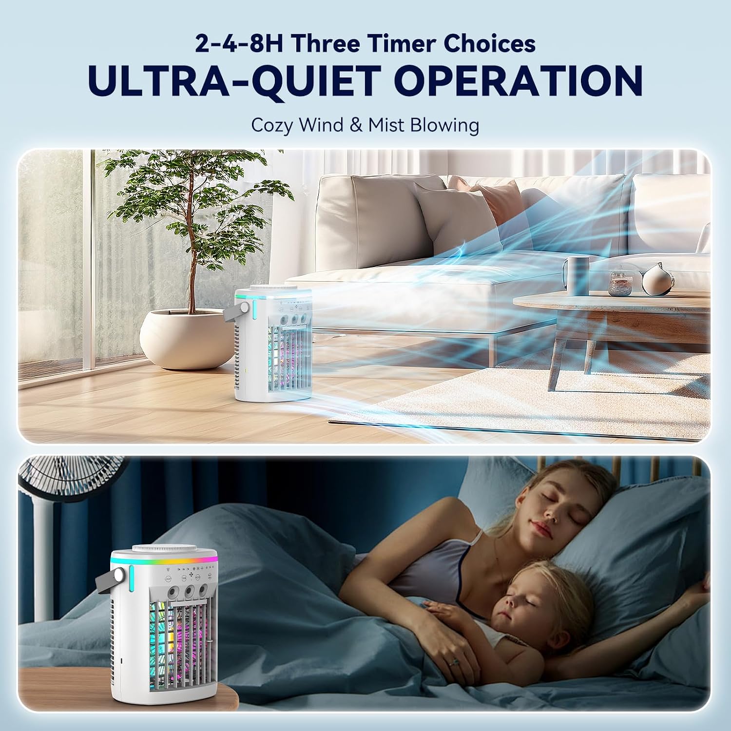  Climatiseur Portable, Refroidisseur D'air évaporatif, Minuterie 2-4-8H Smart Auto-Off & Remote, Réservoir D'eau, Trois Buses à Ultrasons, Climatiseur Personnel à 3 Vitesses