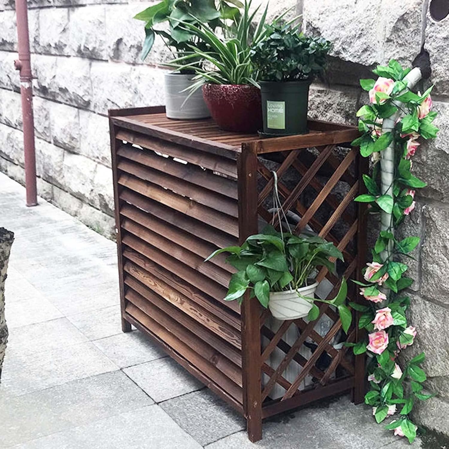 GENERIC Housse De Climatiseur En Bois étanche Pour Unité De Climatisation Extérieure Avec Volets Cachés, Coque De Poubelle Cachée, Installation Facile, Parfaite Pour La Décoration Extérieure Et La Protection