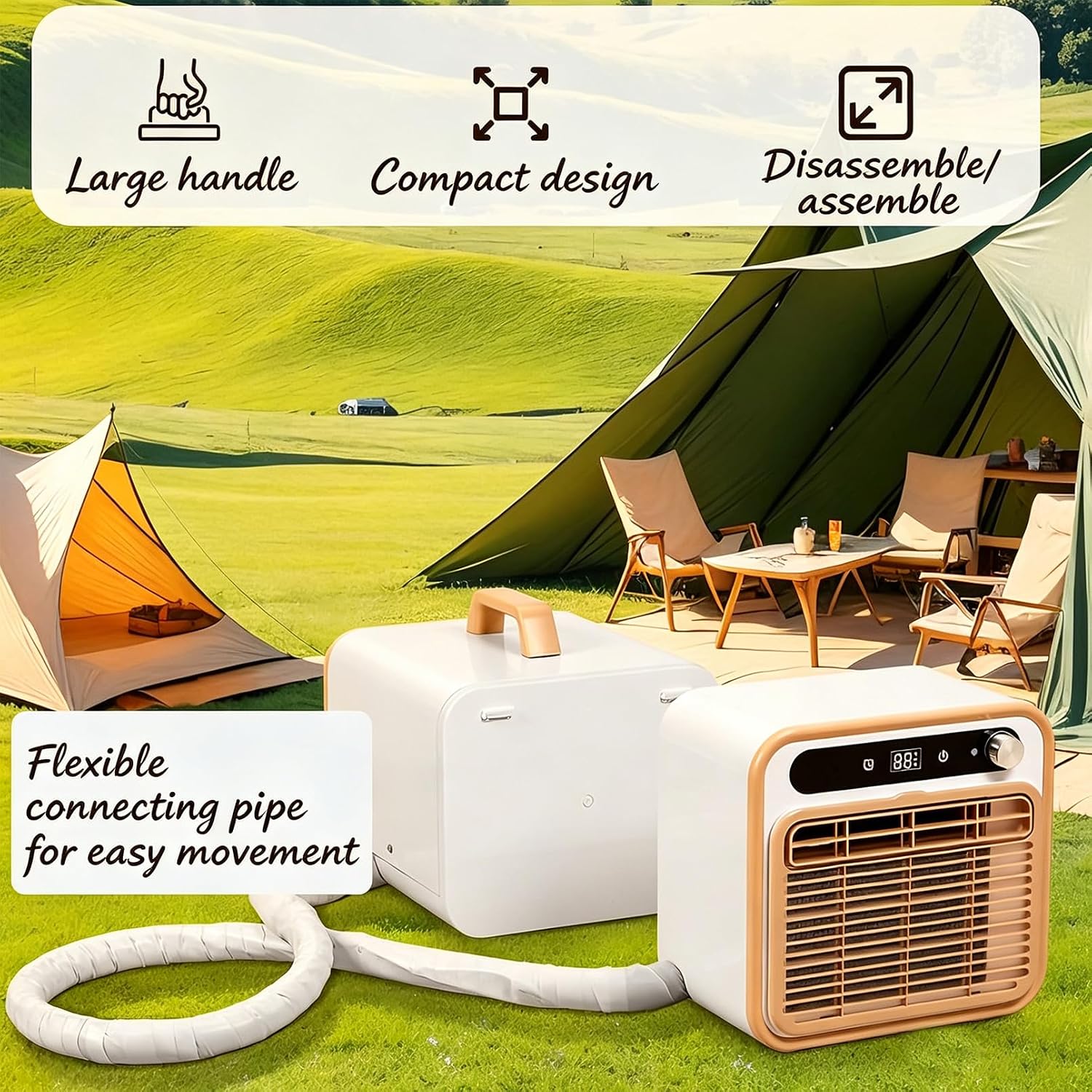GENERIC Climatiseur Portable Split, 1500W 130m³/h Refroidissement Silencieux Avec Tuyau De Connexion De 2m – Minuterie 12h, Contrôle À Distance/Application WiFi, Léger Pour Tente De Camping, Camion, Camping