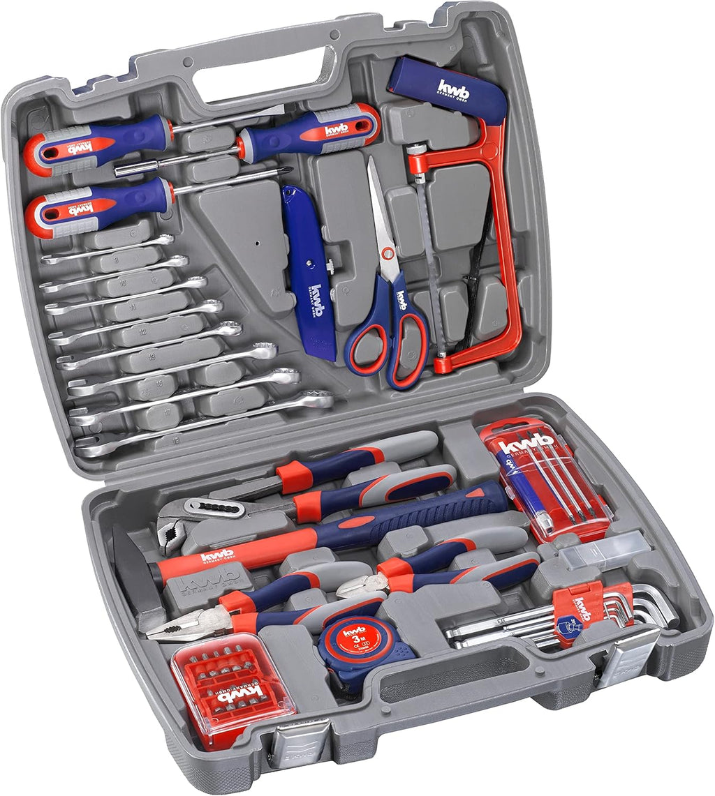 Kwb Mallette à Outils En Plastique Dur Robuste, Y Compris Un Set D'outils De 65 Pièces De Haute Qualité, Constituant L'équipement De Base Parfait Pour Le Ménage, L'atelier Ou L'utilisation Mobile