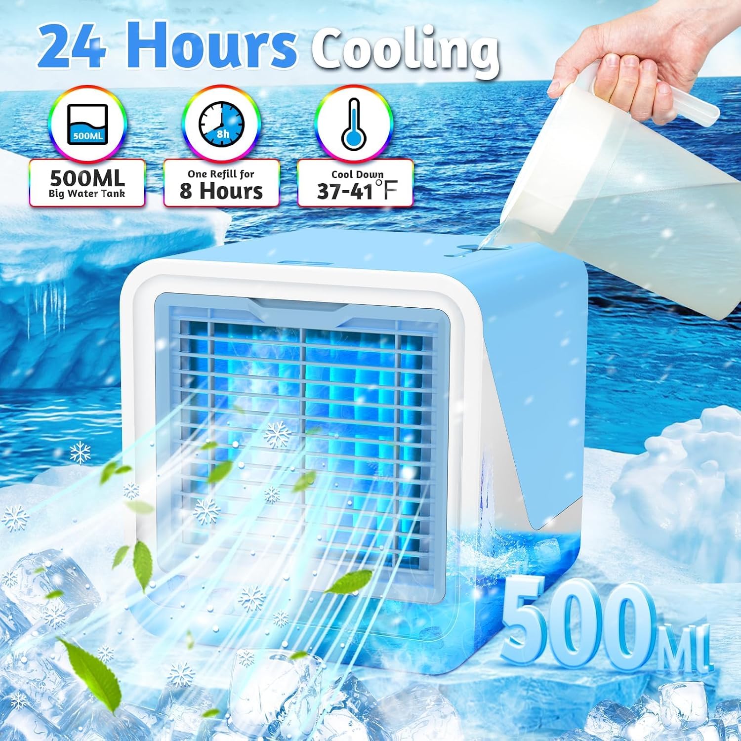  Ventilateur De Climatisation Avec 3 Vitesses, Filtre Et Humidificateur Remplaçables, Silencieux Et à Refroidissement Rapide, Ventilateurs De Refroidissement Portables Qui Soufflent De L'air Froid
