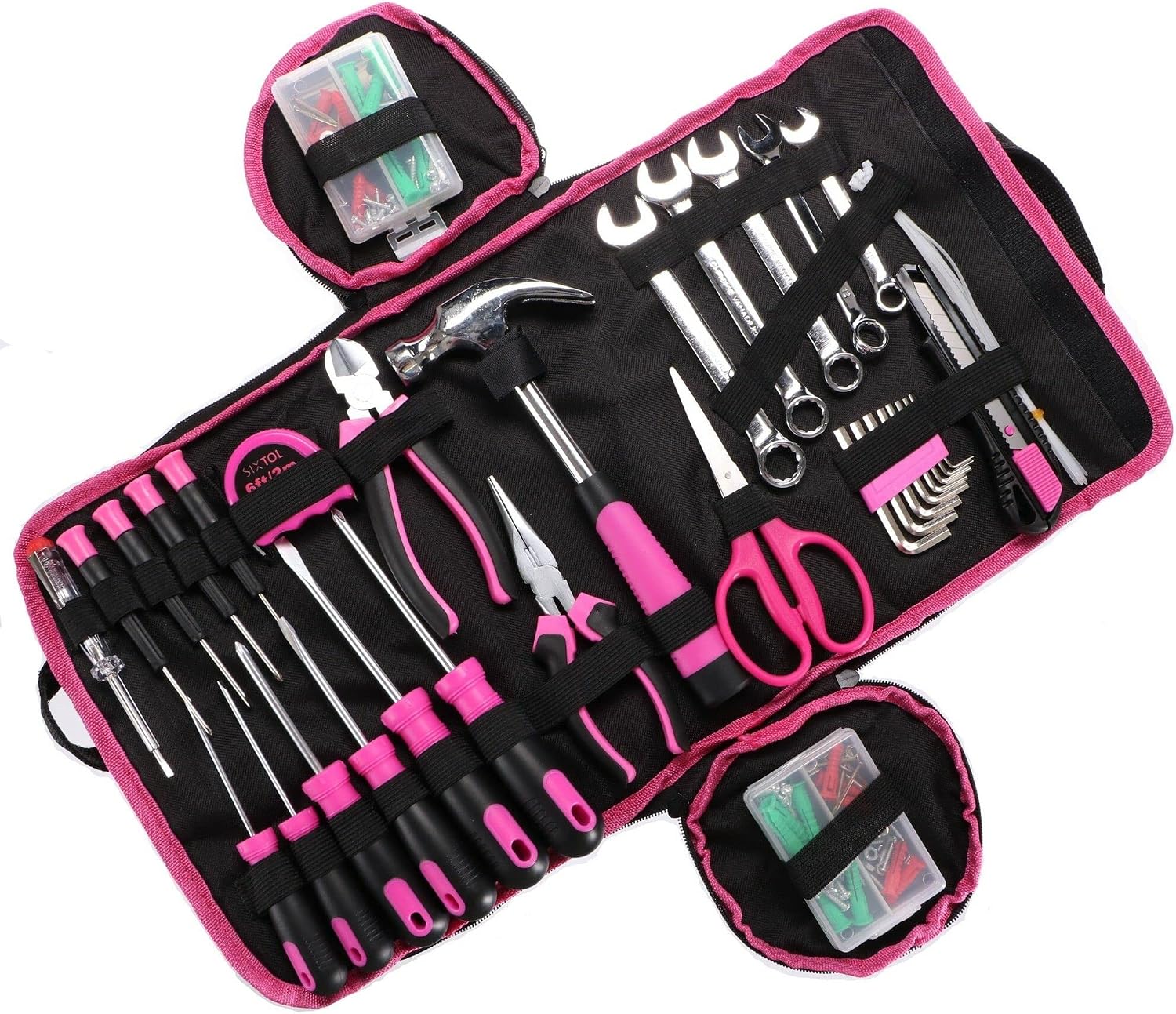  HOME PINK 26 | Kit D’outils 26 Pièces | Étui Textile Rose à Fermeture éclair | Réparations Domestiques