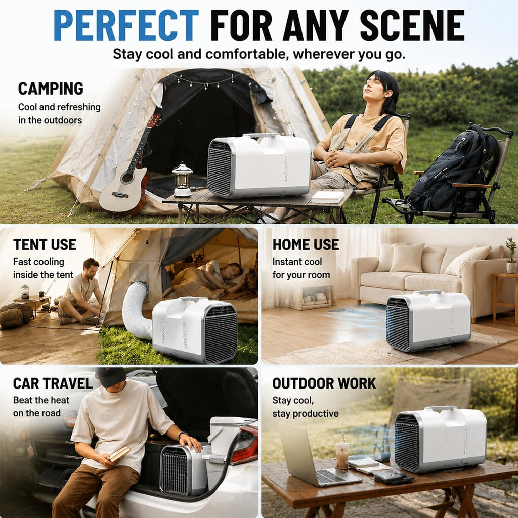  Climatiseur Mobile Camping 4000 BTU, Clim Portable Silencieux Basse Consommation 420W Sans Fenêtre Pour Tente Camping Car Camion Van Garage Intérieur Extérieur