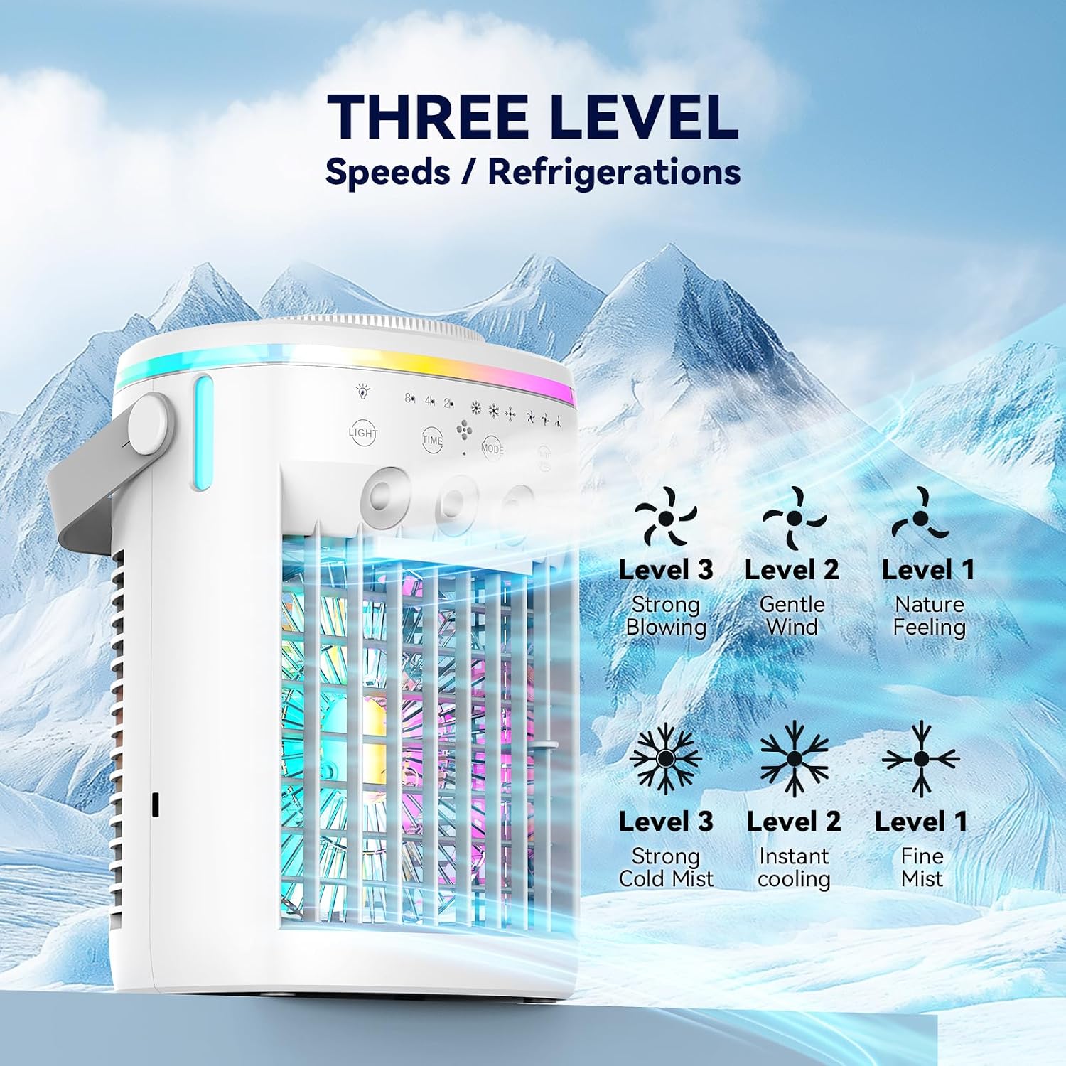  Climatiseur Portable, Refroidisseur D'air évaporatif, Minuterie 2-4-8H Smart Auto-Off & Remote, Réservoir D'eau, Trois Buses à Ultrasons, Climatiseur Personnel à 3 Vitesses