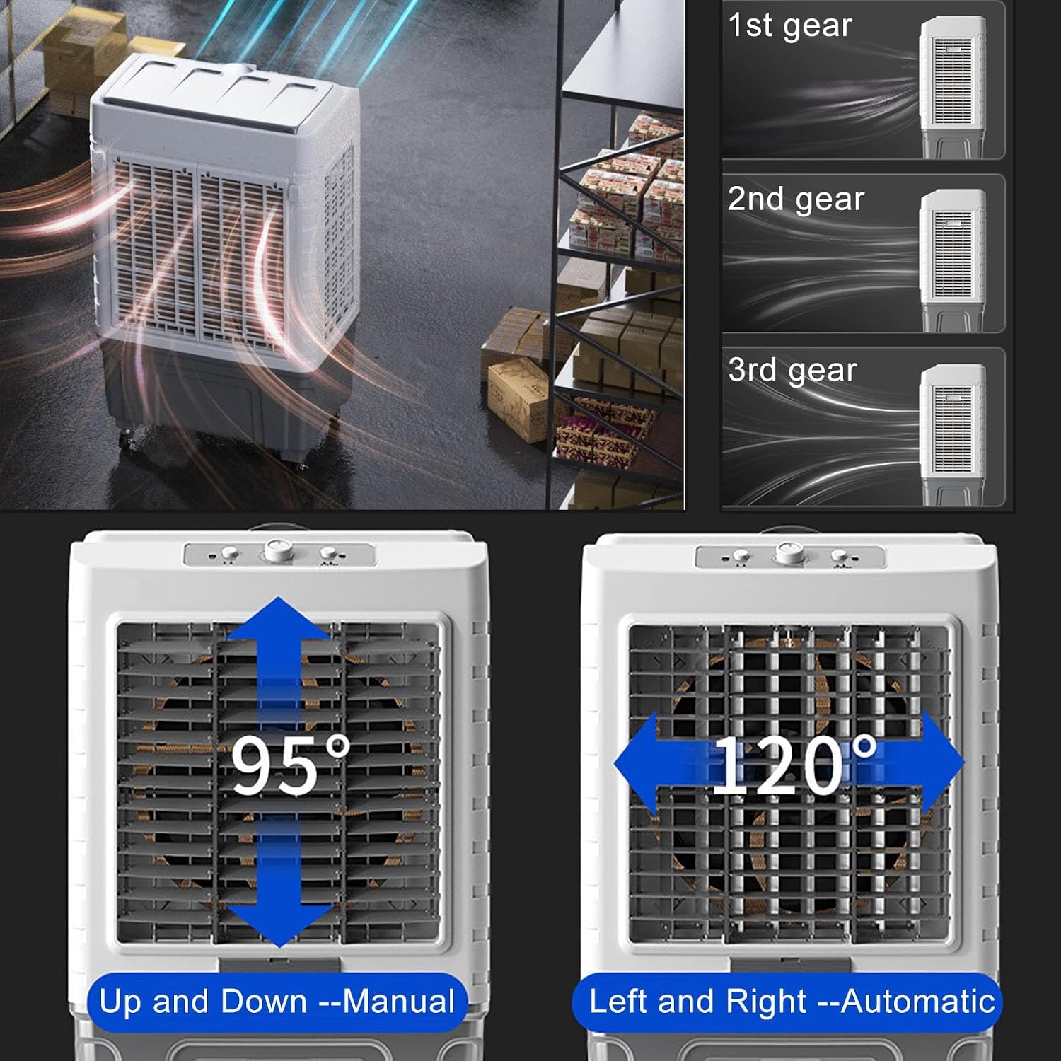 GENERIC Refroidisseur D'air évaporatif Robuste 30000CFM Avec 4 Packs De Glace, AC Extérieur Portable Pour La Cour De Garage, Humidificateur De Ventilateur Oscillant, Réservoir Et Roues 55L, Système De Refroid