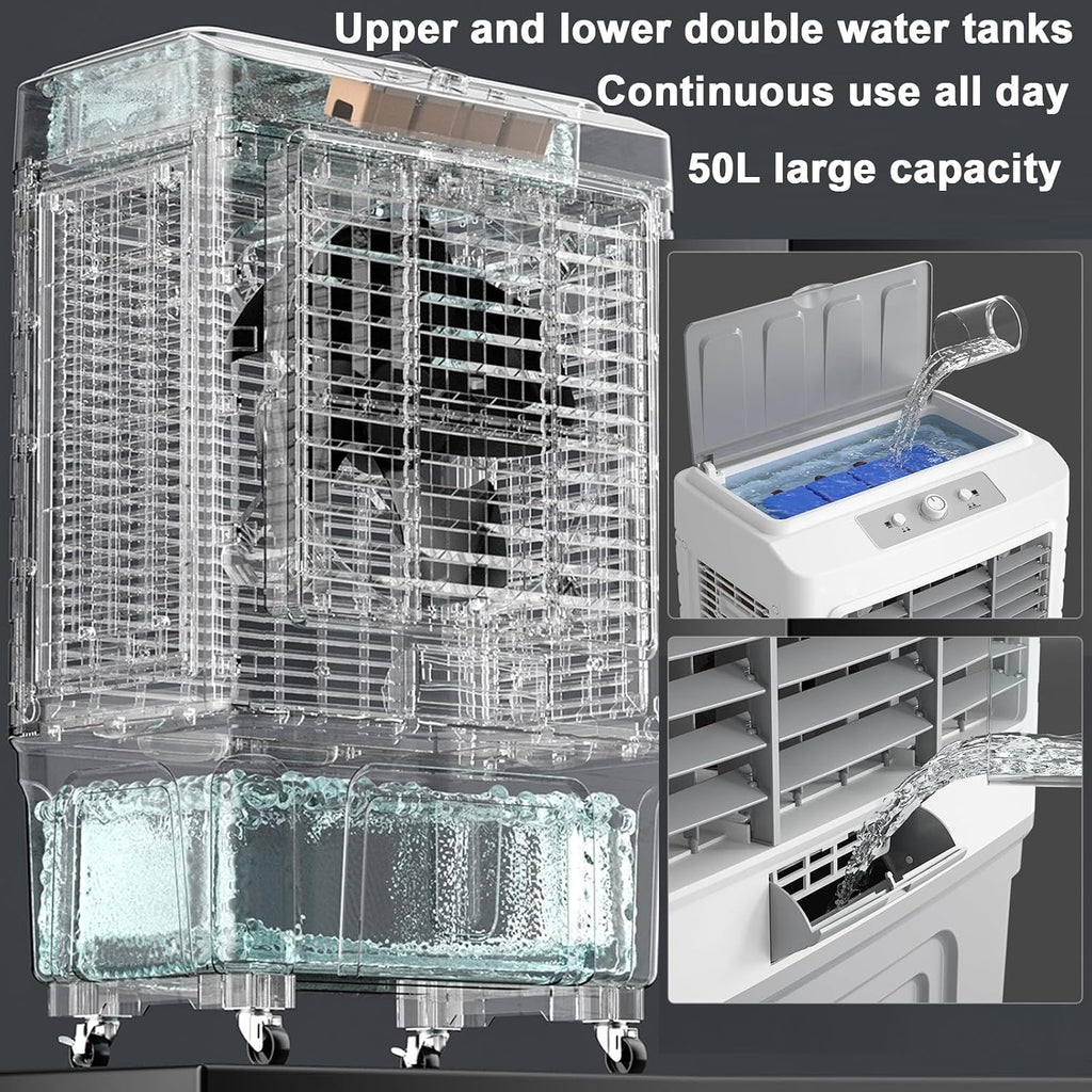  Générique Climatiseur Portable, Refroidisseur évaporatif 3 En 1 Avec Réservoir De 50 L, 6 Blocs Réfrigérants, Télécommande, Minuterie 7 H, Pour La Maison, Le Bureau Ou Le Dortoir (55 L)