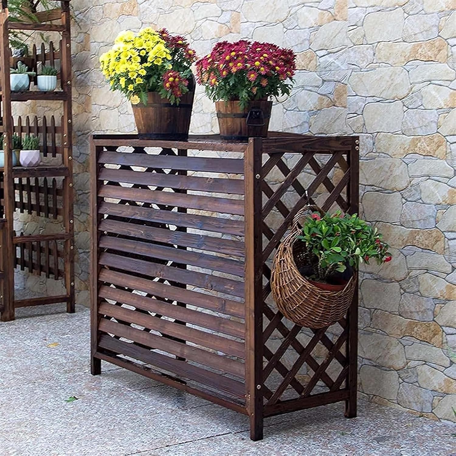 GENERIC Housse De Climatiseur D'extérieur En Bois Et Support De Présentation Pour Plantes, Protection De Climatisation Et étagère De Rangement Pour Décoration De Jardin, Terrasse Et Balcon.