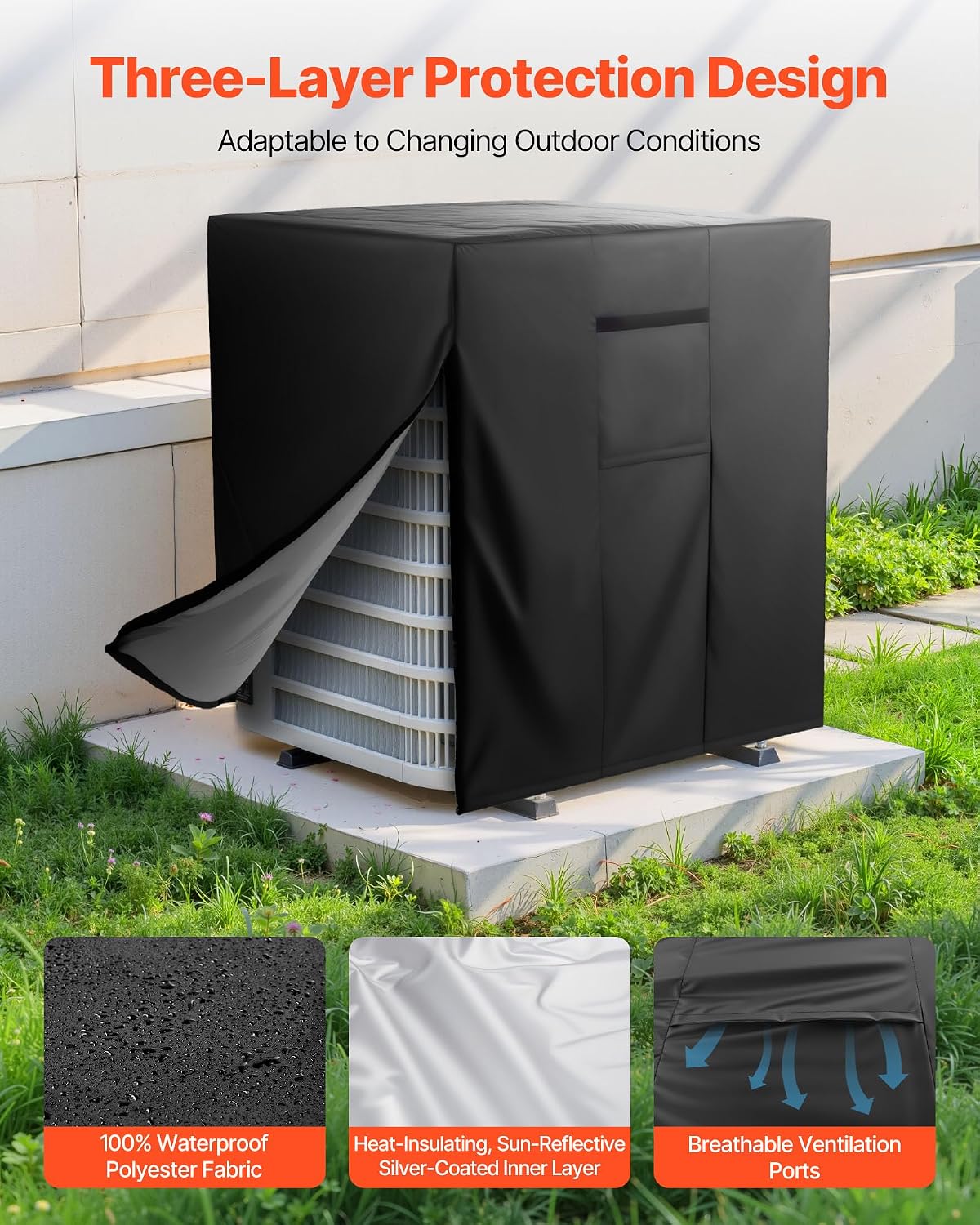  VEVOR Housse De Climatiseur Extérieur, 86,3x86,3x76,2 Cm, Couverture De Protection Climatiseur, Tissu Polyester Étanche Trois Couches, Ventilation Maille, Taille Universelle, Cache Pour Clim Extérieur