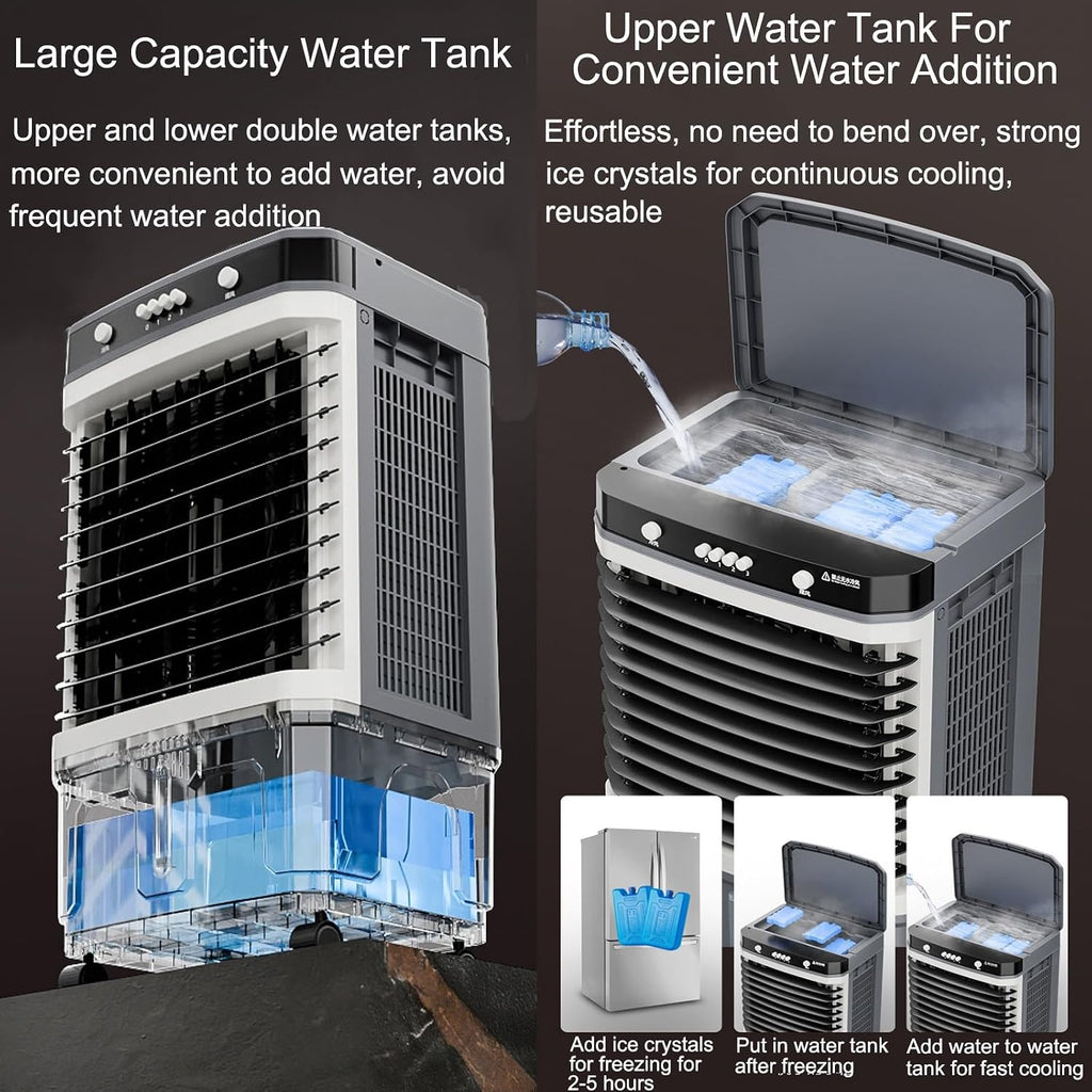  Refroidisseur D'air évaporatif Commercial 3 En 1 Avec Oscillation à 120°, 3 Vitesses De Ventilation, Réservoir D'eau Grande Capacité, Roues Pivotantes, Pour Grandes Pièces, Usine, Extérieur (80 X 43